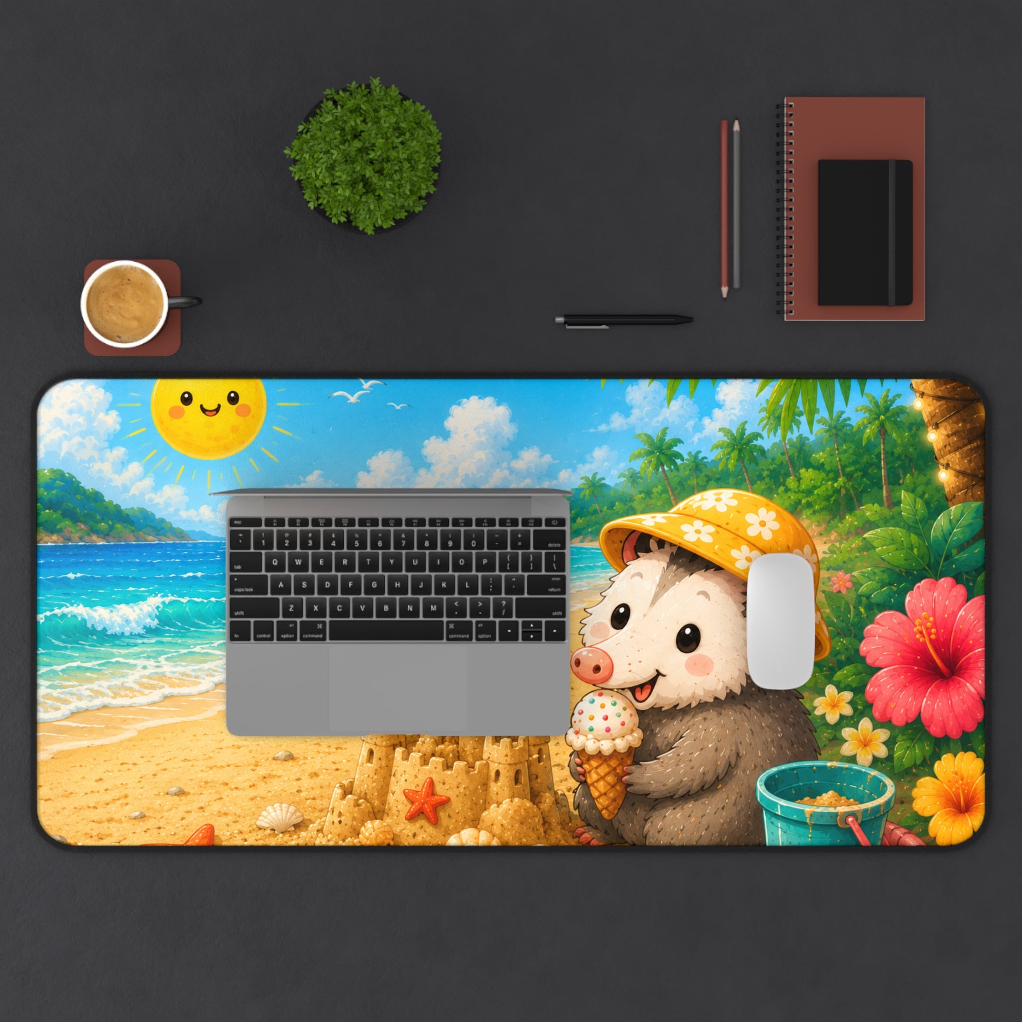 Cute Possum Beach Desk Mat — Summer Sandcastle Mousepad with Ice Cream