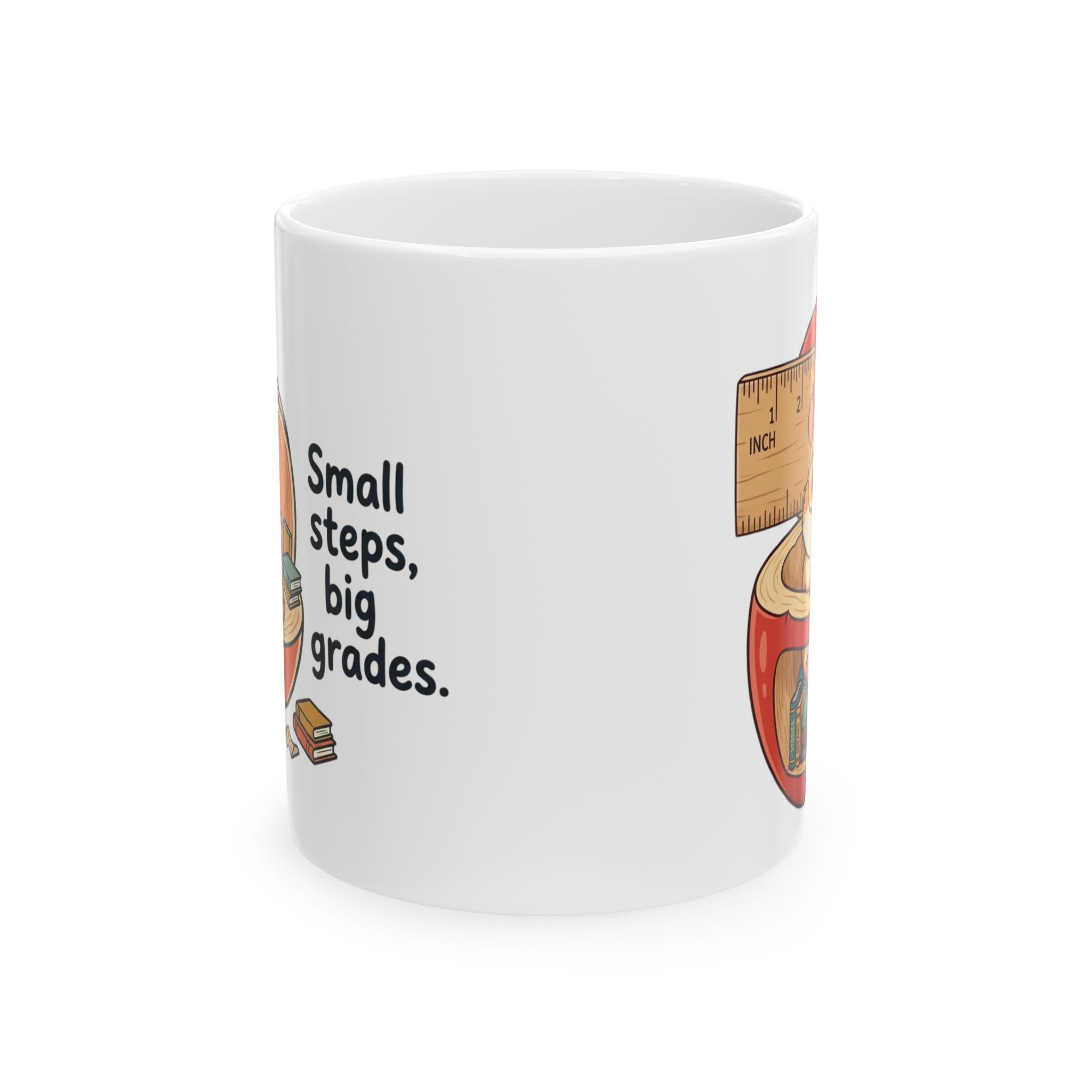 Teacher Apple Mug — "Small Steps, Big Grades" Ceramic Coffee Cup (Hamster Illustration)