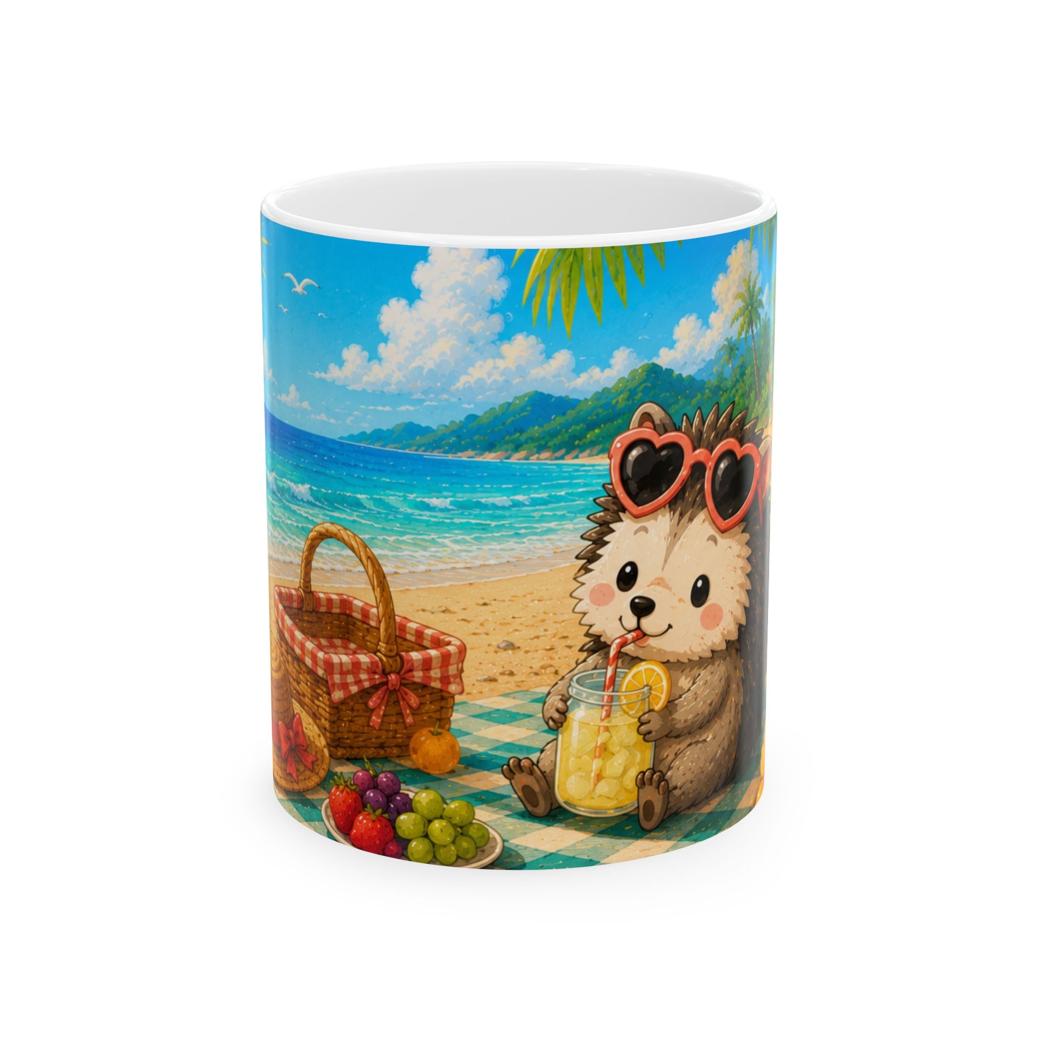 Beach Picnic Hedgehog Ceramic Mug – Cute Summer Vacation Coffee Cup (11oz)