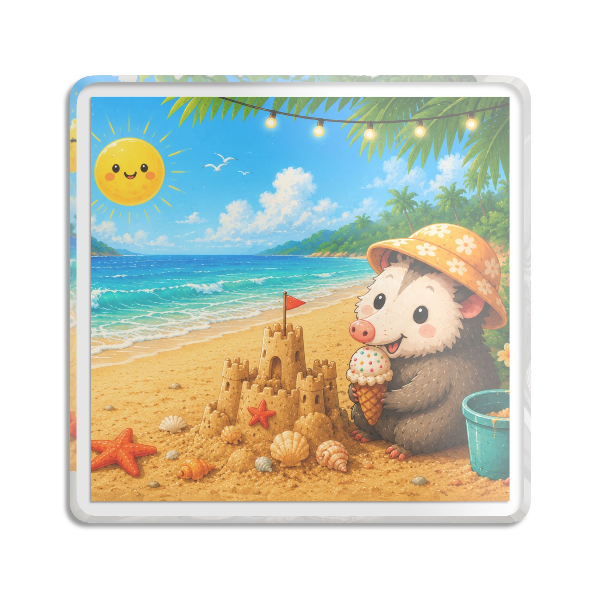 Beach Day Possum Acrylic Statue — Cute Summer Sandcastle Scene