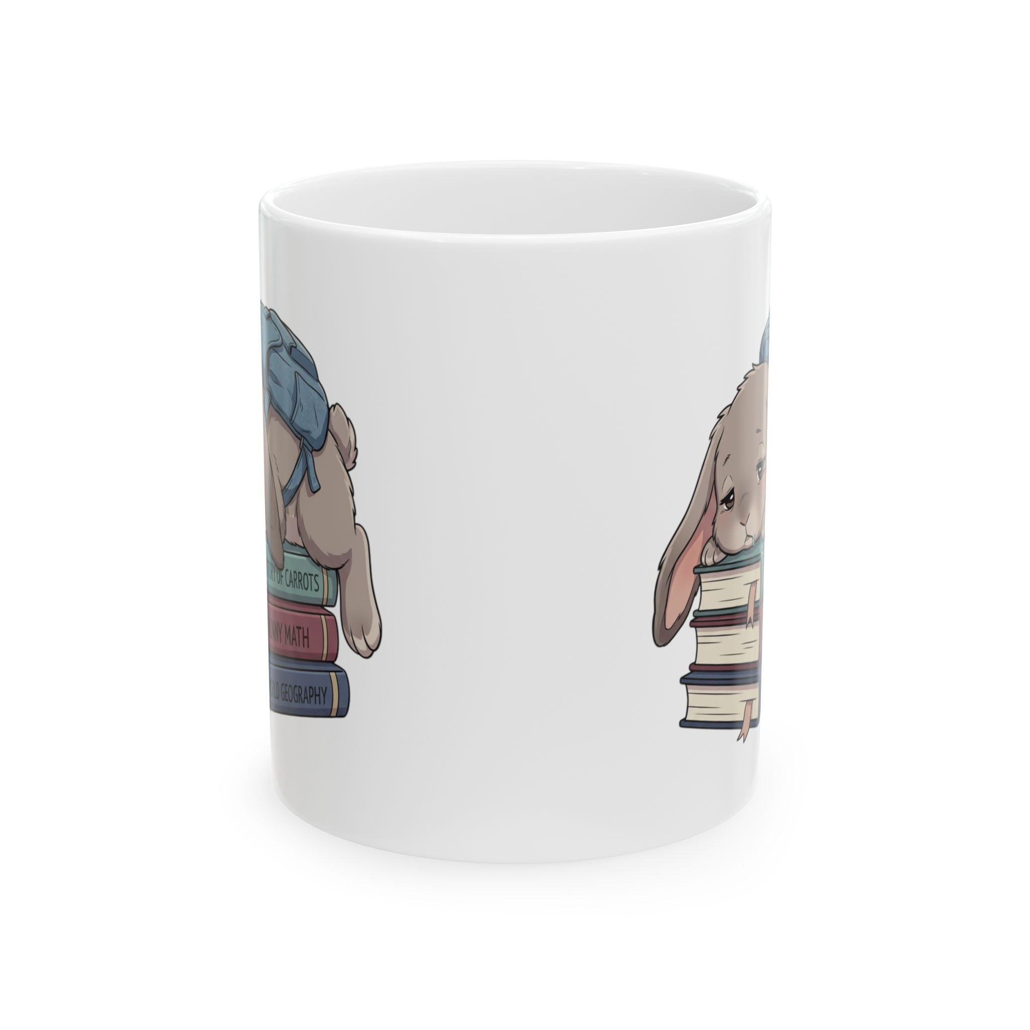 Tired Bunny on Textbooks Ceramic Mug — Sleepy Booklover Coffee Cup (11oz, 15oz)