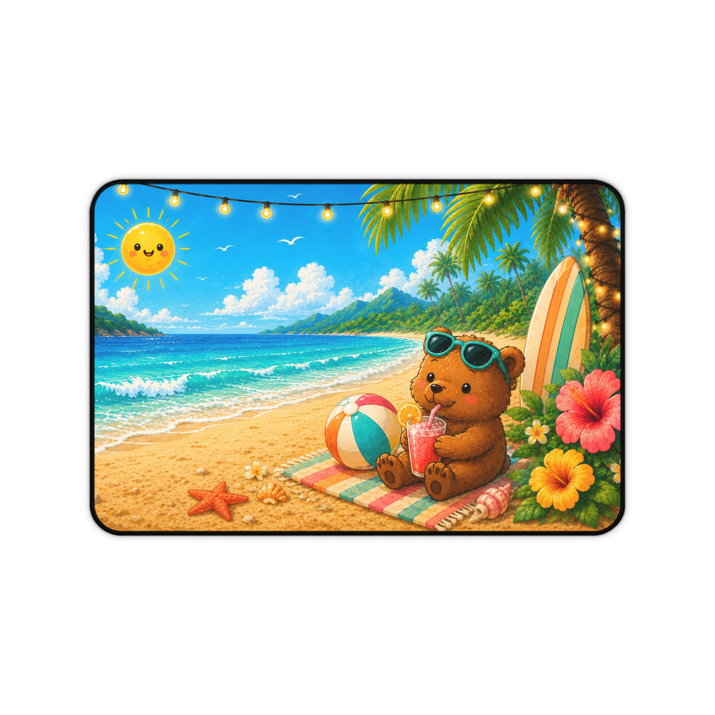 Desk Mat - Tropical Beach Bear Desk Mat with Sunglasses, Surfboard & Refreshing Drink (Cute Summer Office/PC Mouse Pad)