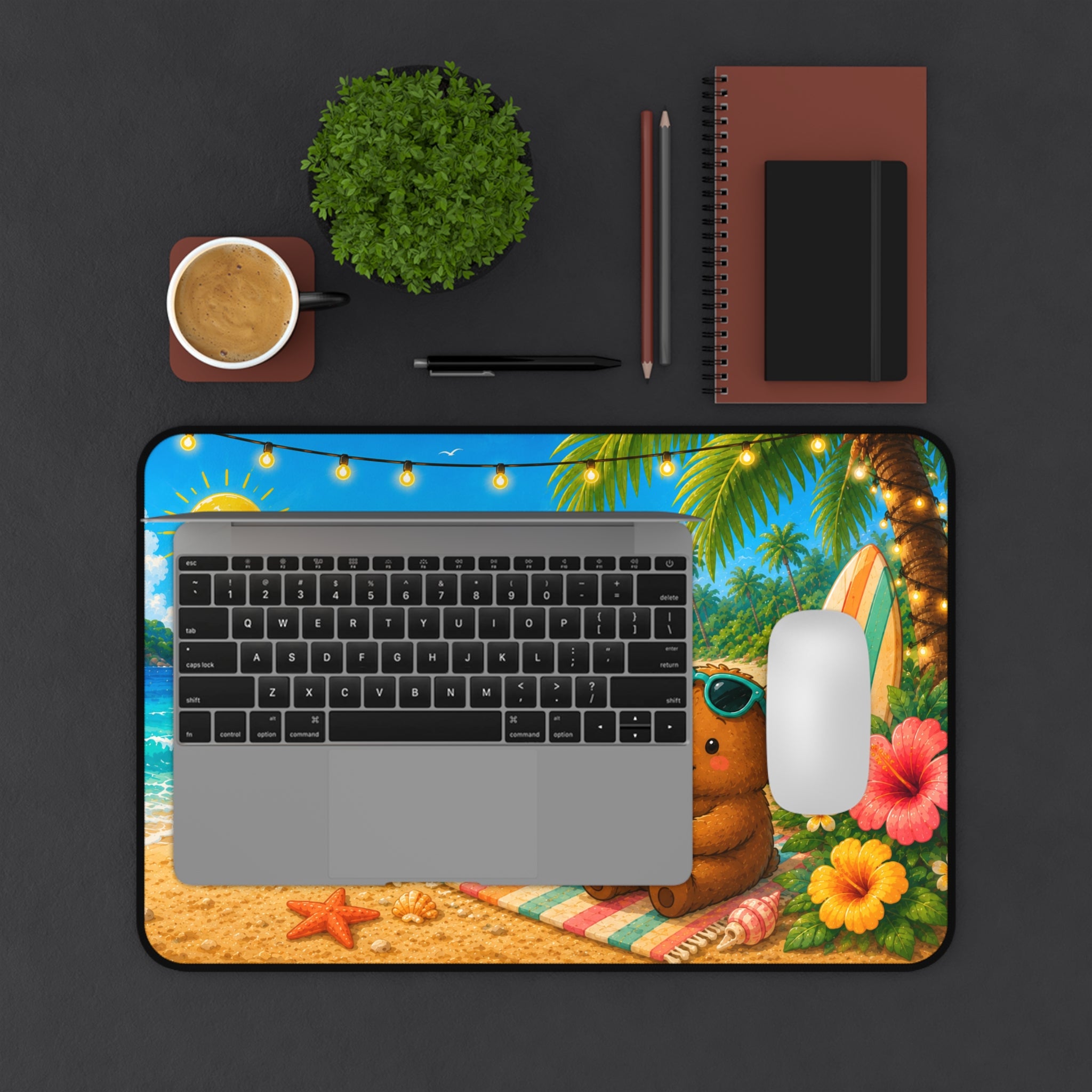 Desk Mat - Tropical Beach Bear Desk Mat with Sunglasses, Surfboard & Refreshing Drink (Cute Summer Office/PC Mouse Pad)