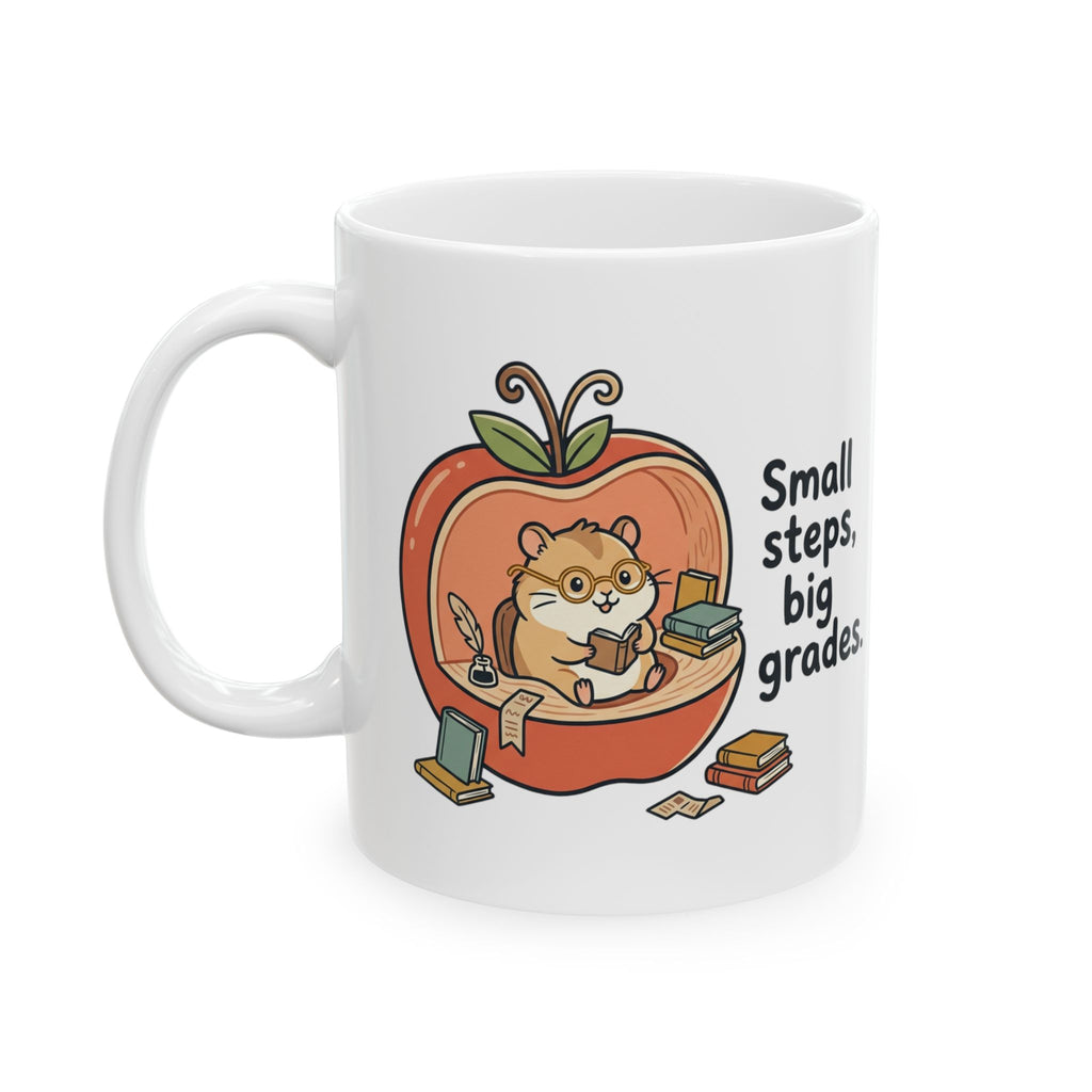 Teacher Apple Mug — "Small Steps, Big Grades" Ceramic Coffee Cup (Hamster Illustration)