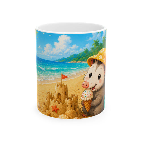 Beach Pals Ceramic Mug — Cute Possum with Ice Cream on Tropical Sandcastle Scene (11oz)