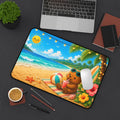 Desk Mat - Tropical Beach Bear Desk Mat with Sunglasses, Surfboard & Refreshing Drink (Cute Summer Office/PC Mouse Pad)