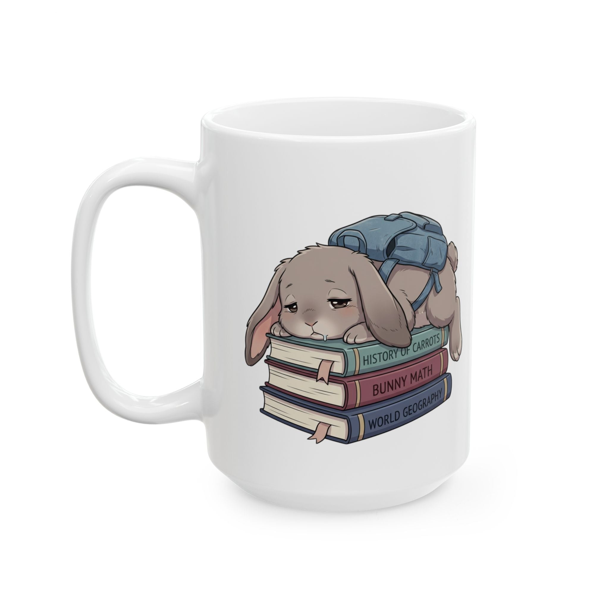 Tired Bunny on Textbooks Ceramic Mug — Sleepy Booklover Coffee Cup (11oz, 15oz)