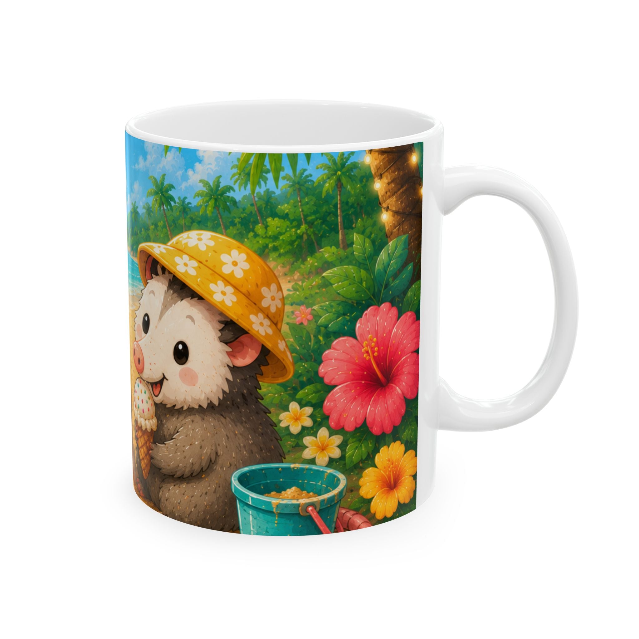 Beach Pals Ceramic Mug — Cute Possum with Ice Cream on Tropical Sandcastle Scene (11oz)