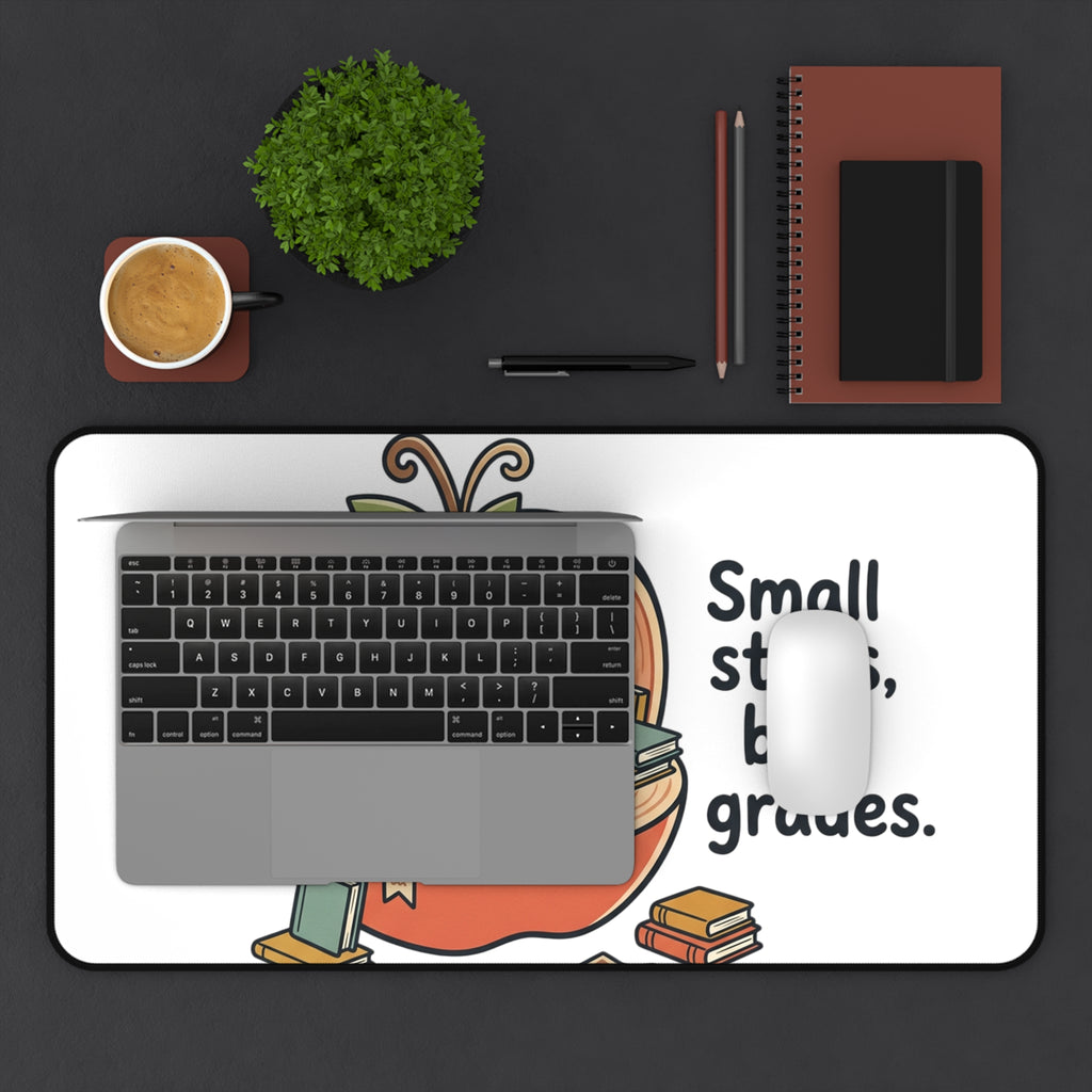 Study Desk Mat — "Small Steps, Big Grades" Cute Apple Hamster Study Mat
