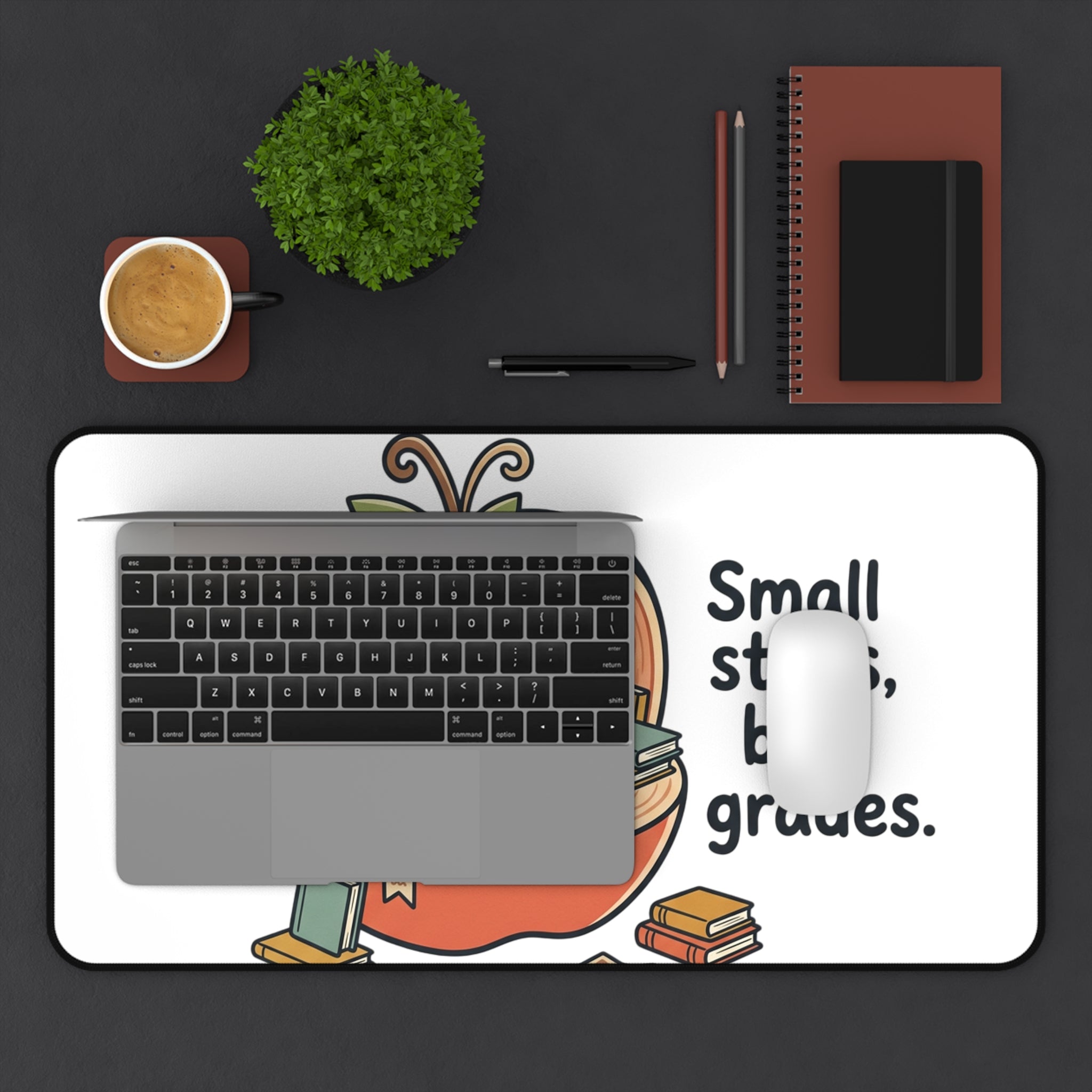 Study Desk Mat — "Small Steps, Big Grades" Cute Apple Hamster Study Mat