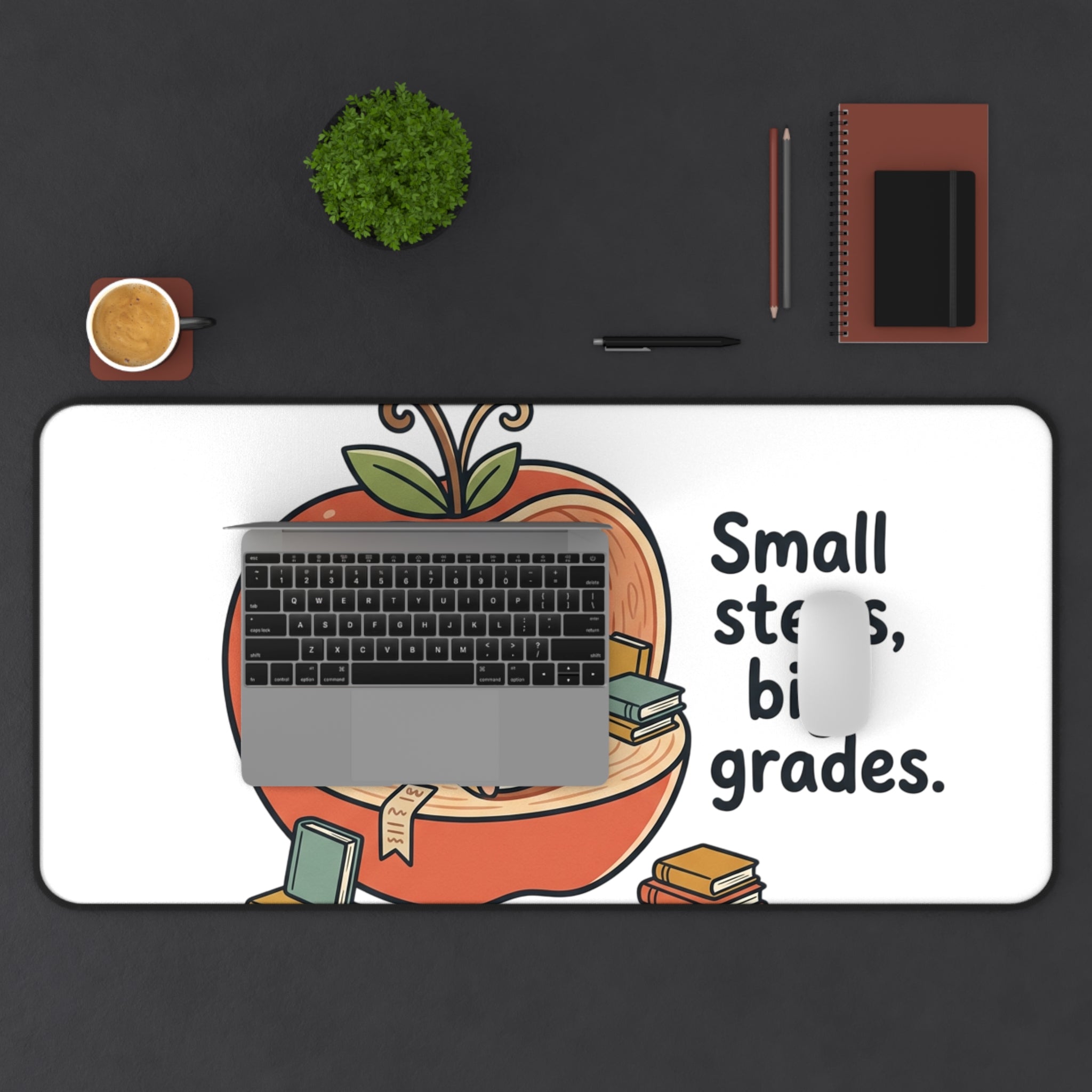 Study Desk Mat — "Small Steps, Big Grades" Cute Apple Hamster Study Mat