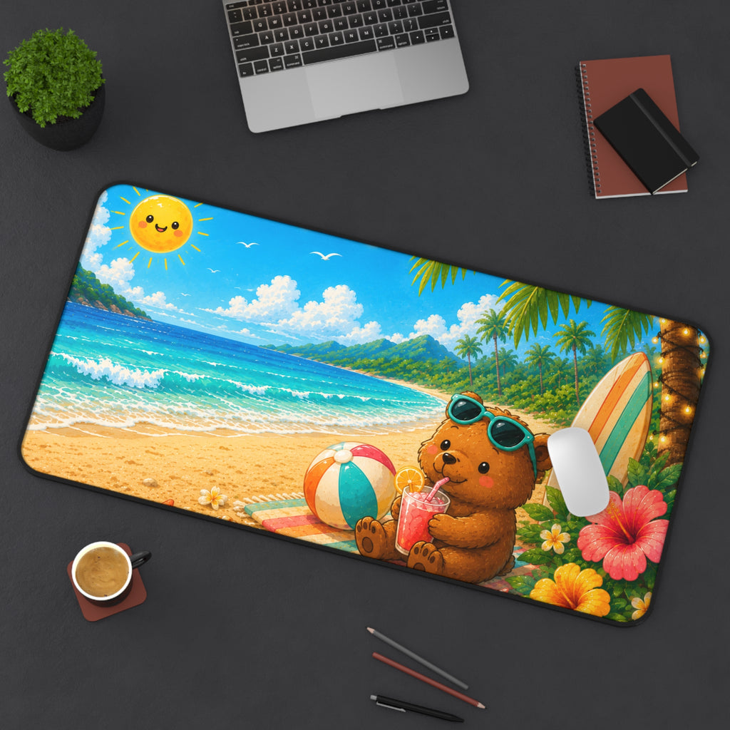 Desk Mat - Tropical Beach Bear Desk Mat with Sunglasses, Surfboard & Refreshing Drink (Cute Summer Office/PC Mouse Pad)