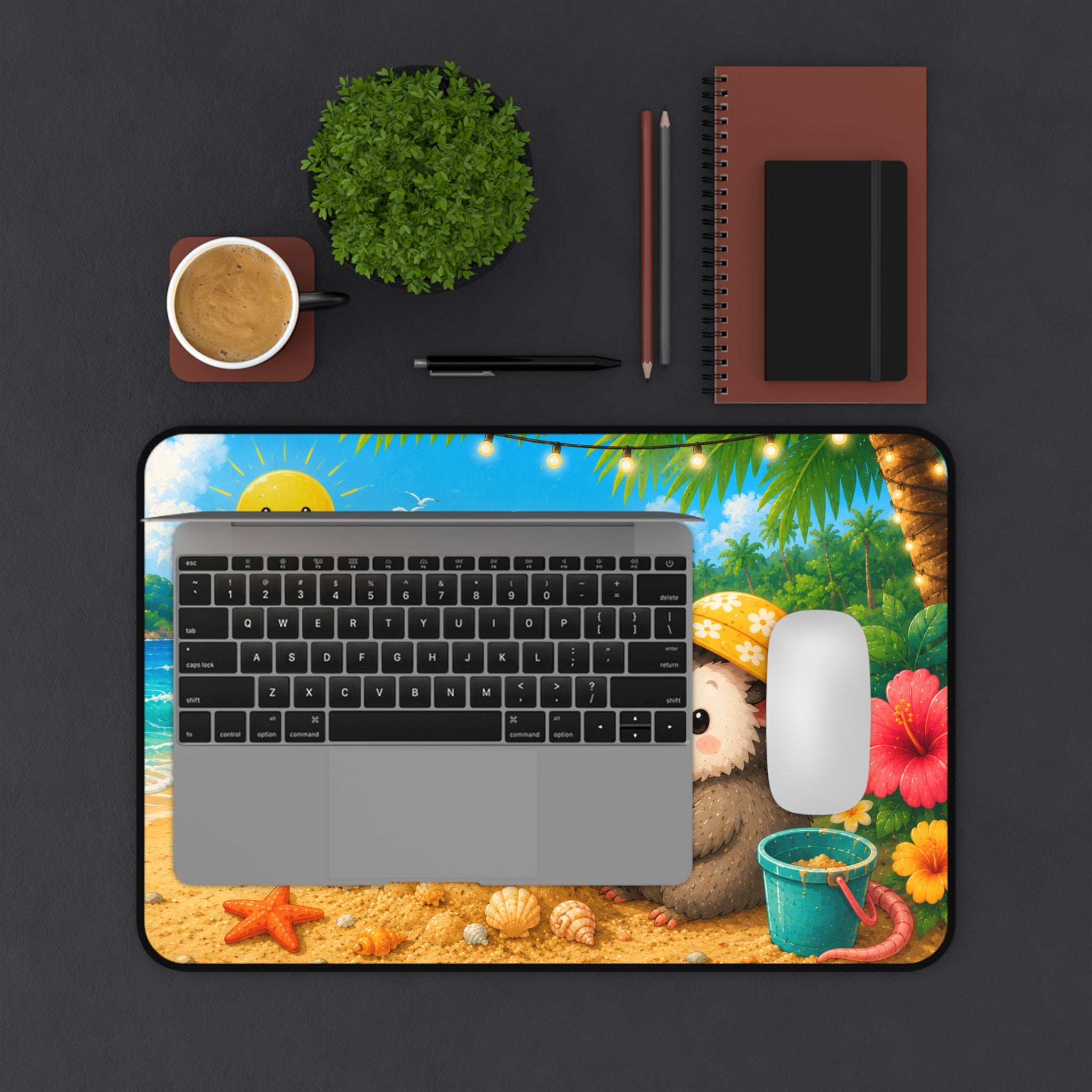 Cute Possum Beach Desk Mat — Summer Sandcastle Mousepad with Ice Cream