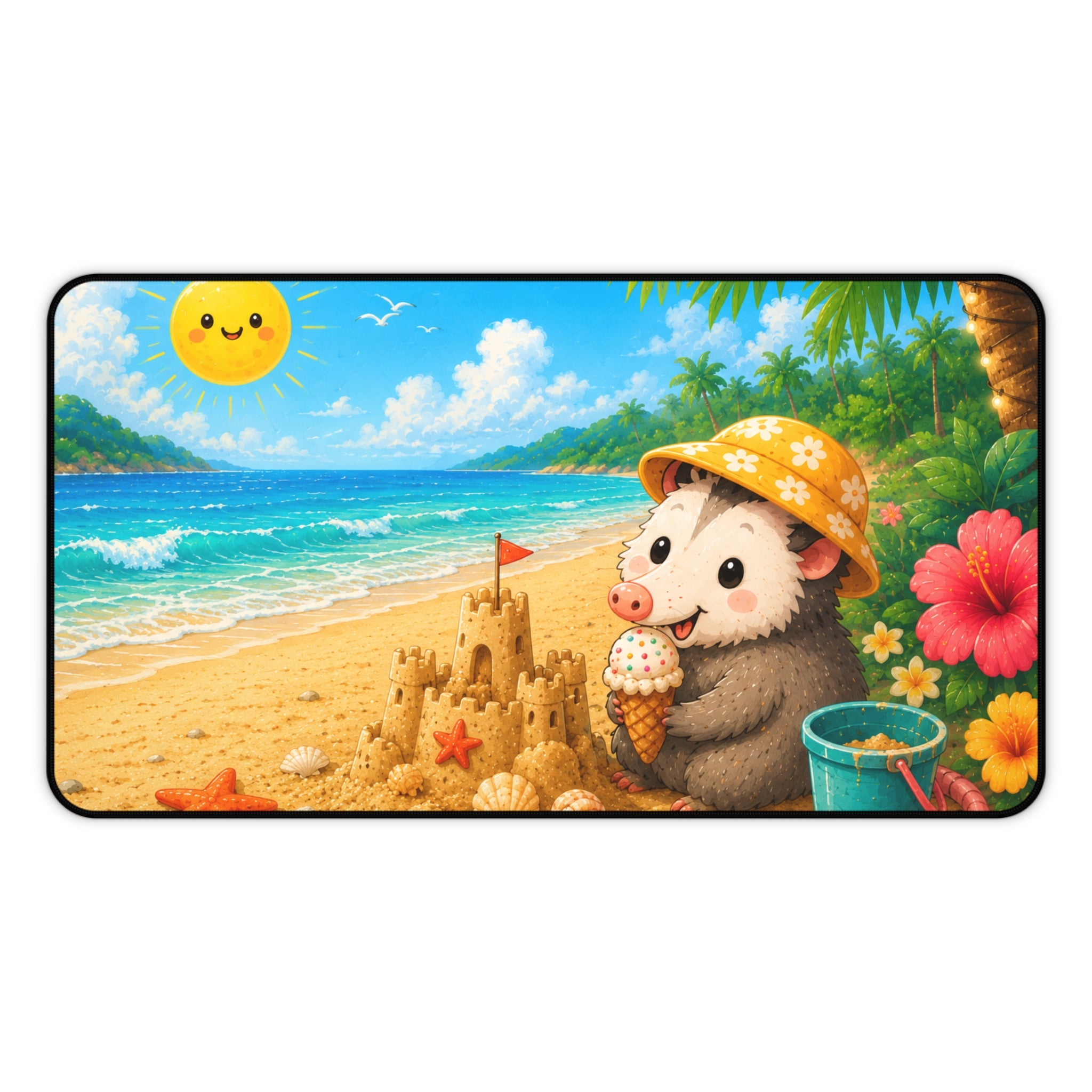 Cute Possum Beach Desk Mat — Summer Sandcastle Mousepad with Ice Cream