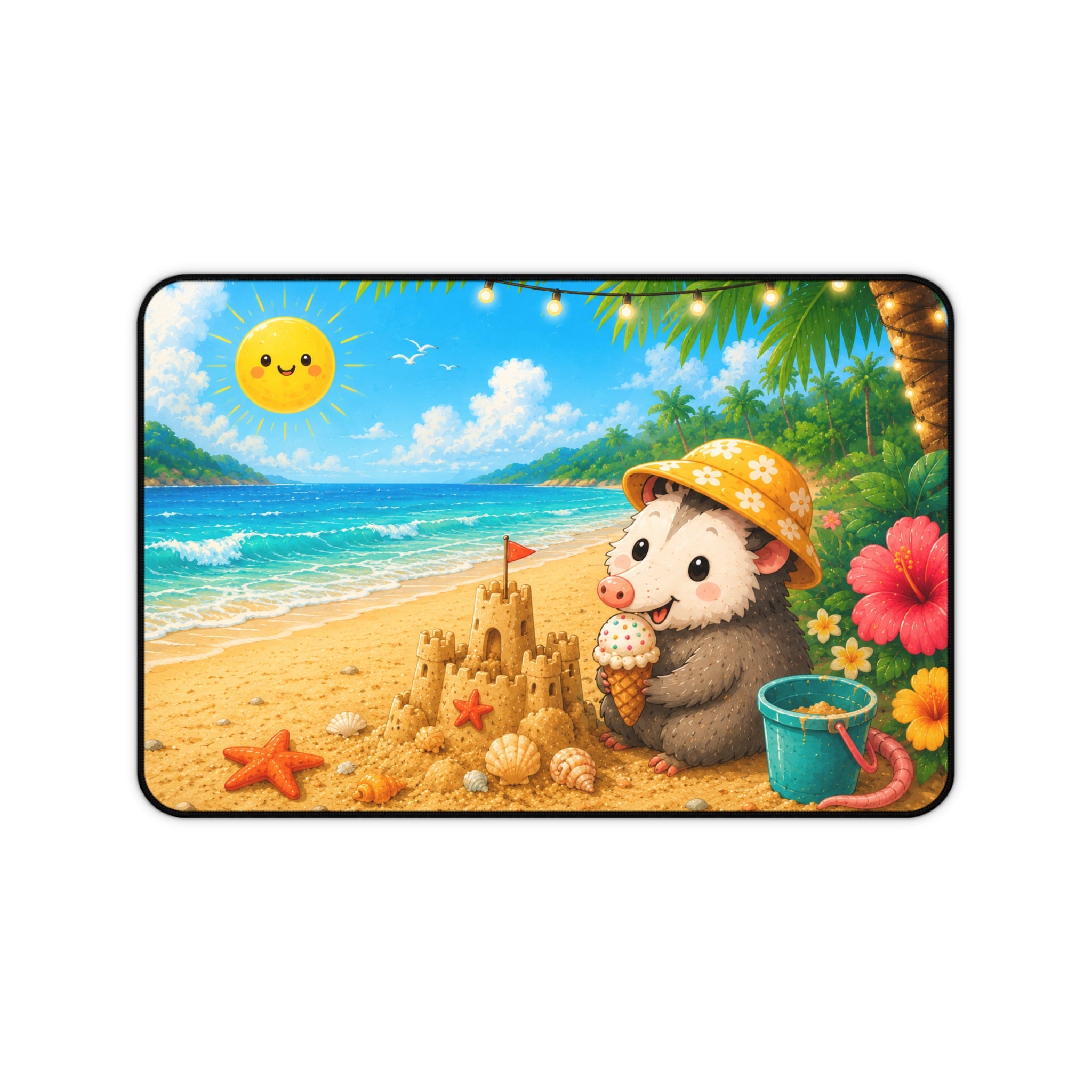 Cute Possum Beach Desk Mat — Summer Sandcastle Mousepad with Ice Cream