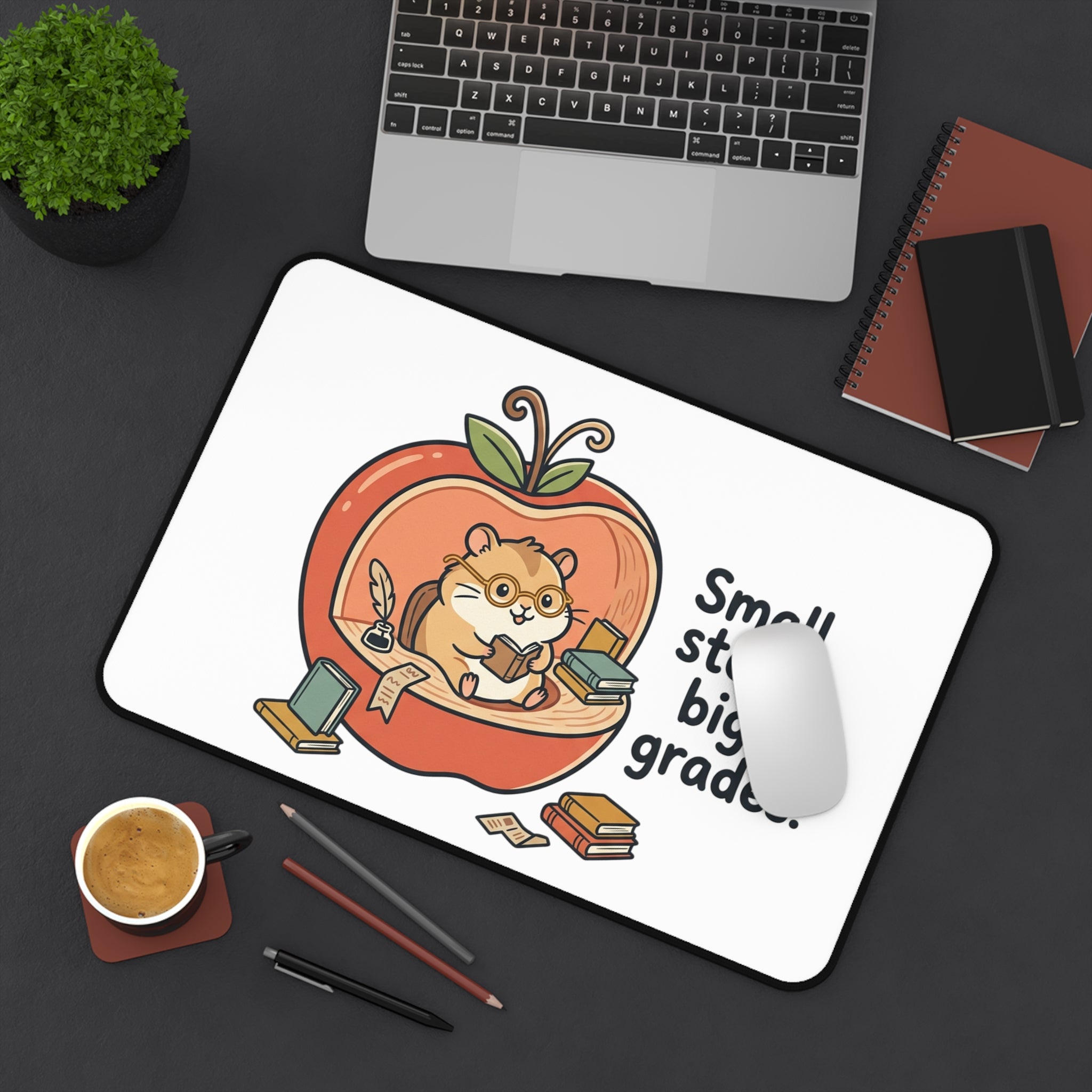 Study Desk Mat — "Small Steps, Big Grades" Cute Apple Hamster Study Mat