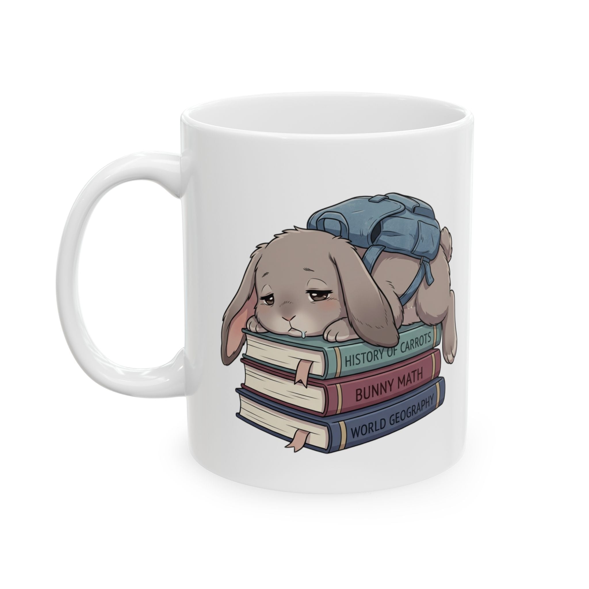 Tired Bunny on Textbooks Ceramic Mug — Sleepy Booklover Coffee Cup (11oz, 15oz)