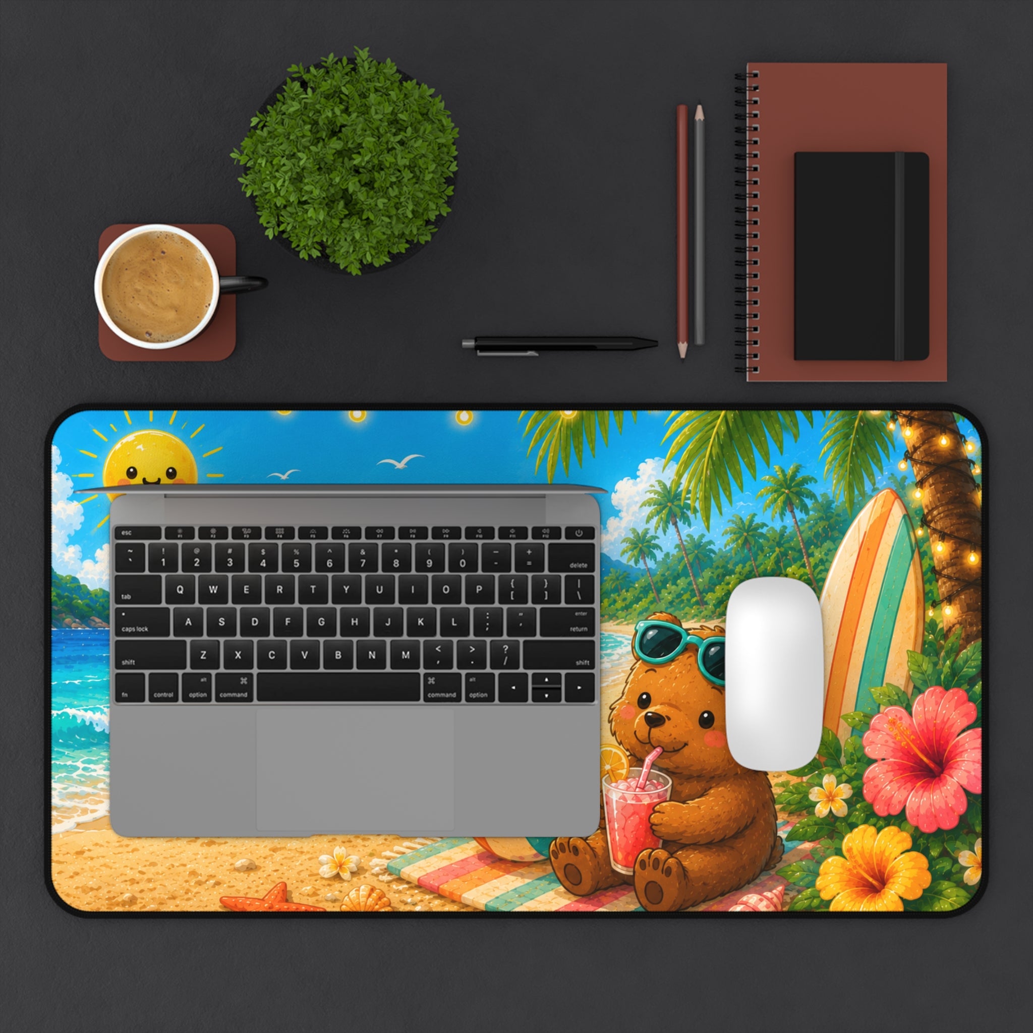 Desk Mat - Tropical Beach Bear Desk Mat with Sunglasses, Surfboard & Refreshing Drink (Cute Summer Office/PC Mouse Pad)