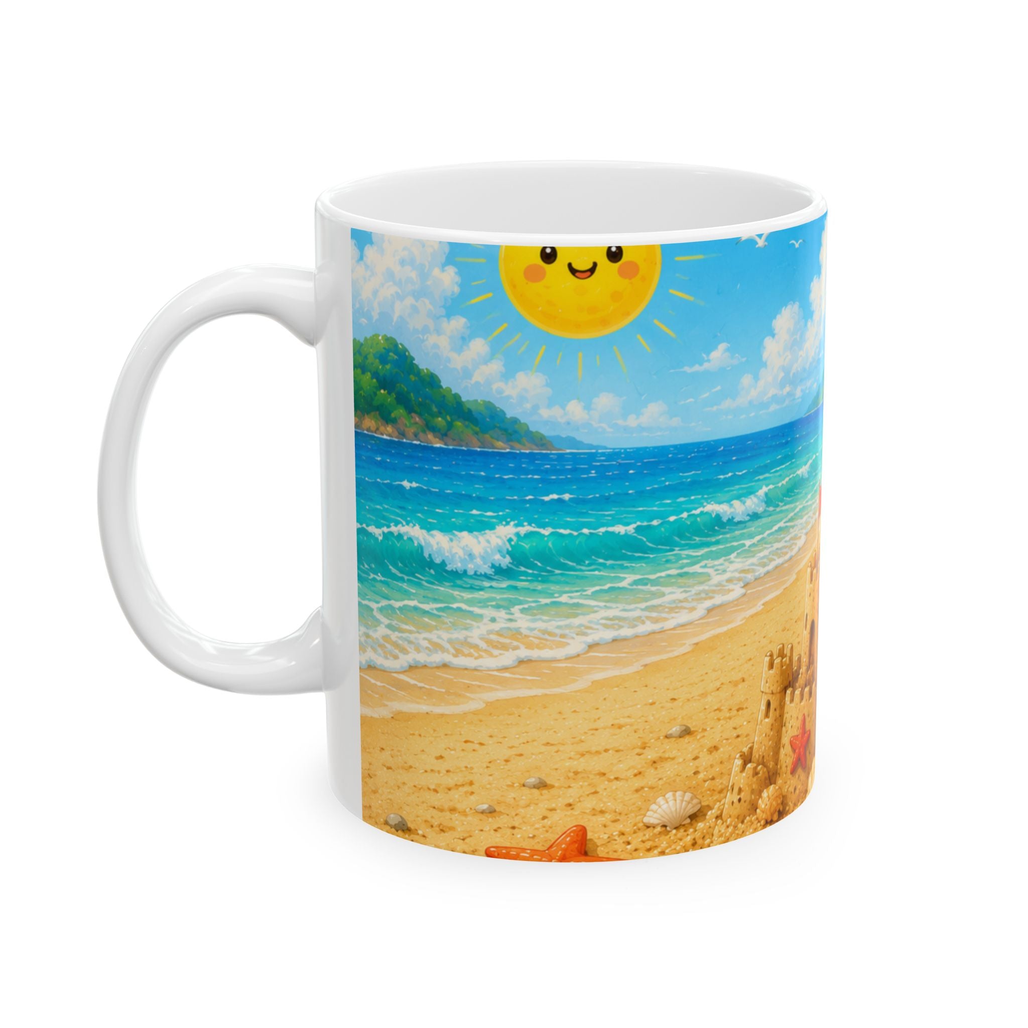 Beach Pals Ceramic Mug — Cute Possum with Ice Cream on Tropical Sandcastle Scene (11oz)