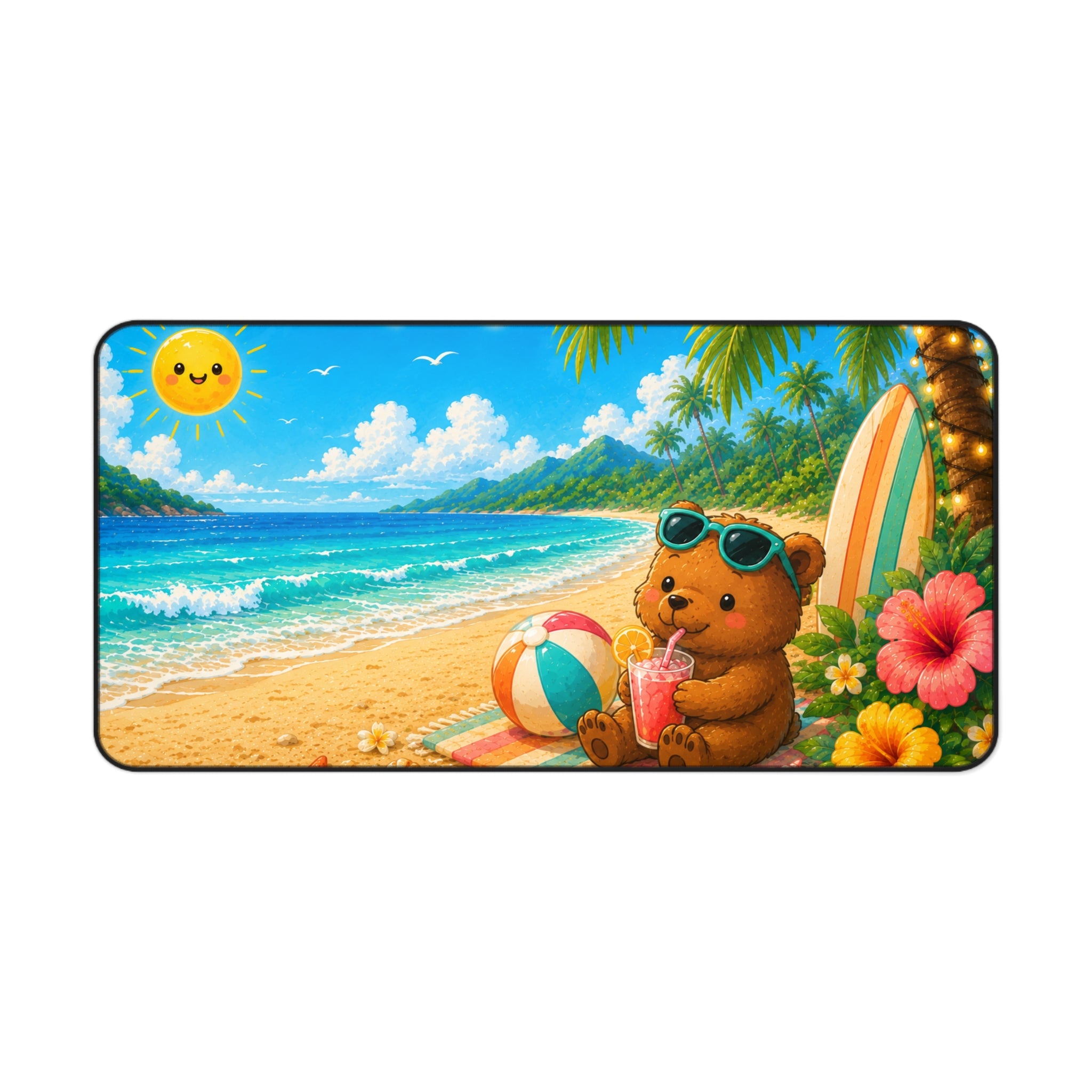 Desk Mat - Tropical Beach Bear Desk Mat with Sunglasses, Surfboard & Refreshing Drink (Cute Summer Office/PC Mouse Pad)
