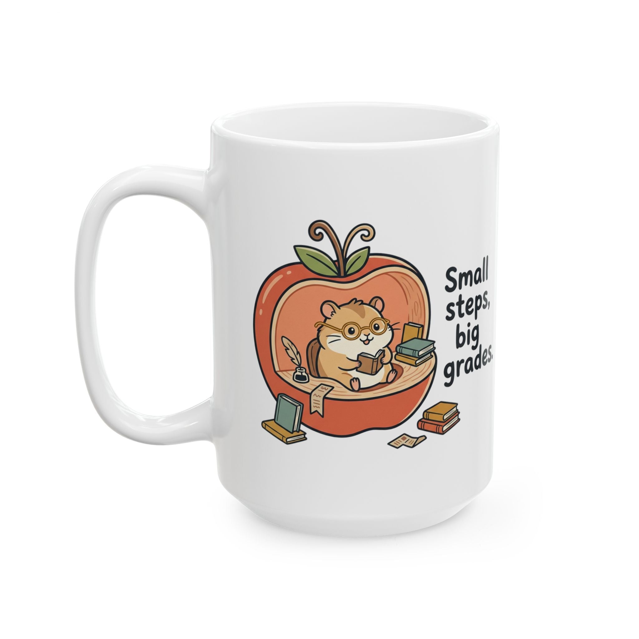 Teacher Apple Mug — "Small Steps, Big Grades" Ceramic Coffee Cup (Hamster Illustration)