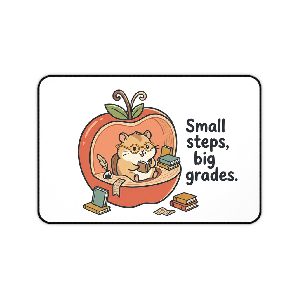 Study Desk Mat — "Small Steps, Big Grades" Cute Apple Hamster Study Mat