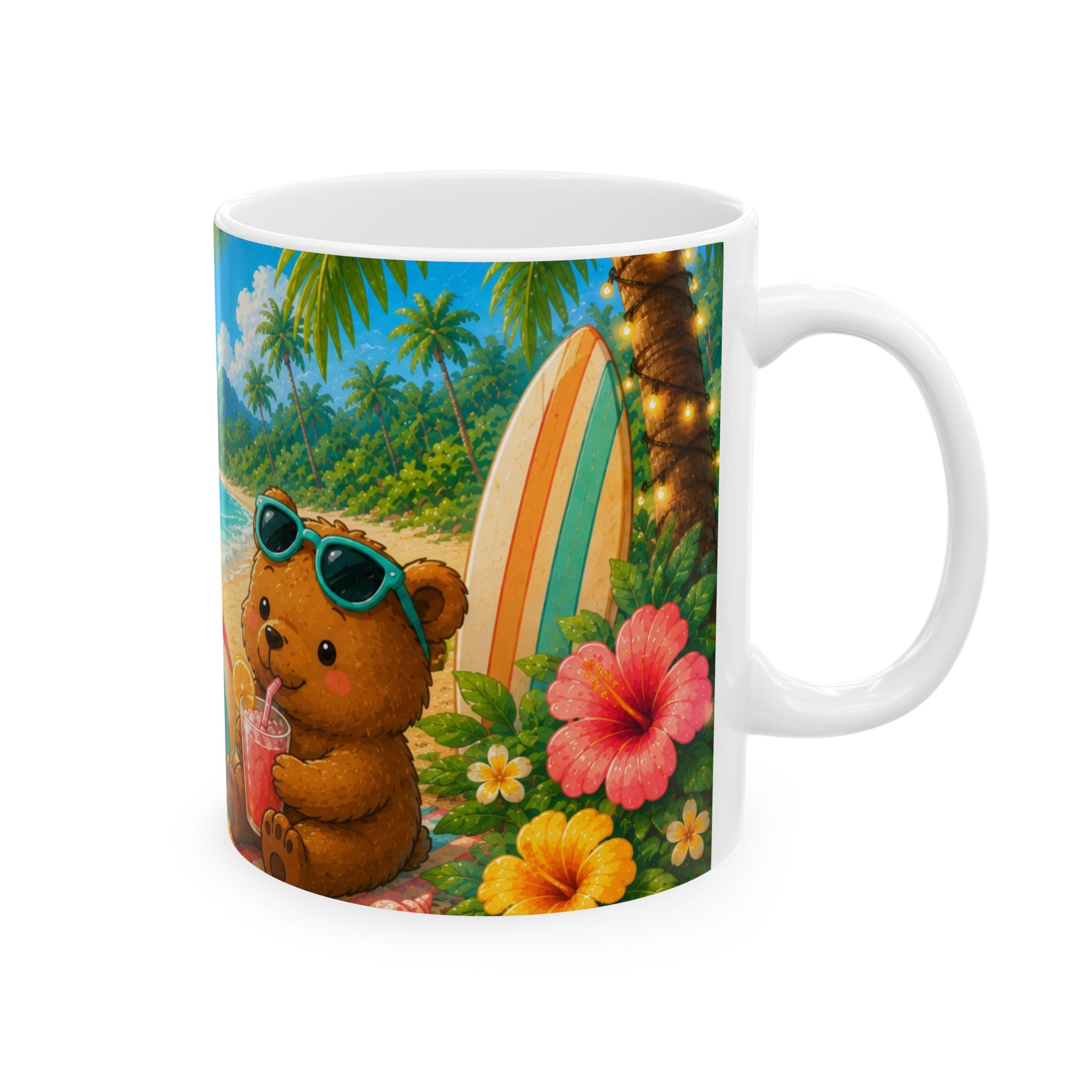 Beach Bear Ceramic Mug — Cute Tropical Summer Drinkware (11oz)