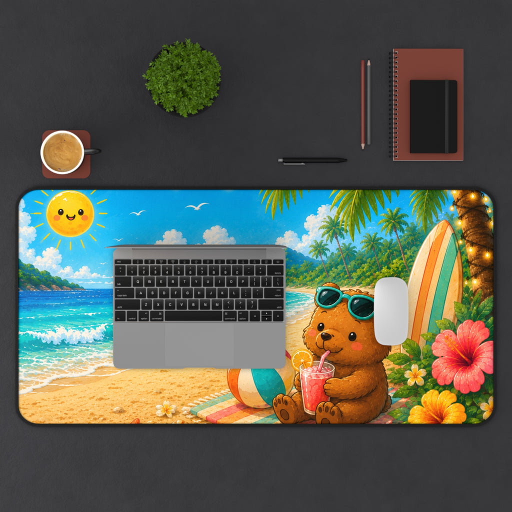 Desk Mat - Tropical Beach Bear Desk Mat with Sunglasses, Surfboard & Refreshing Drink (Cute Summer Office/PC Mouse Pad)