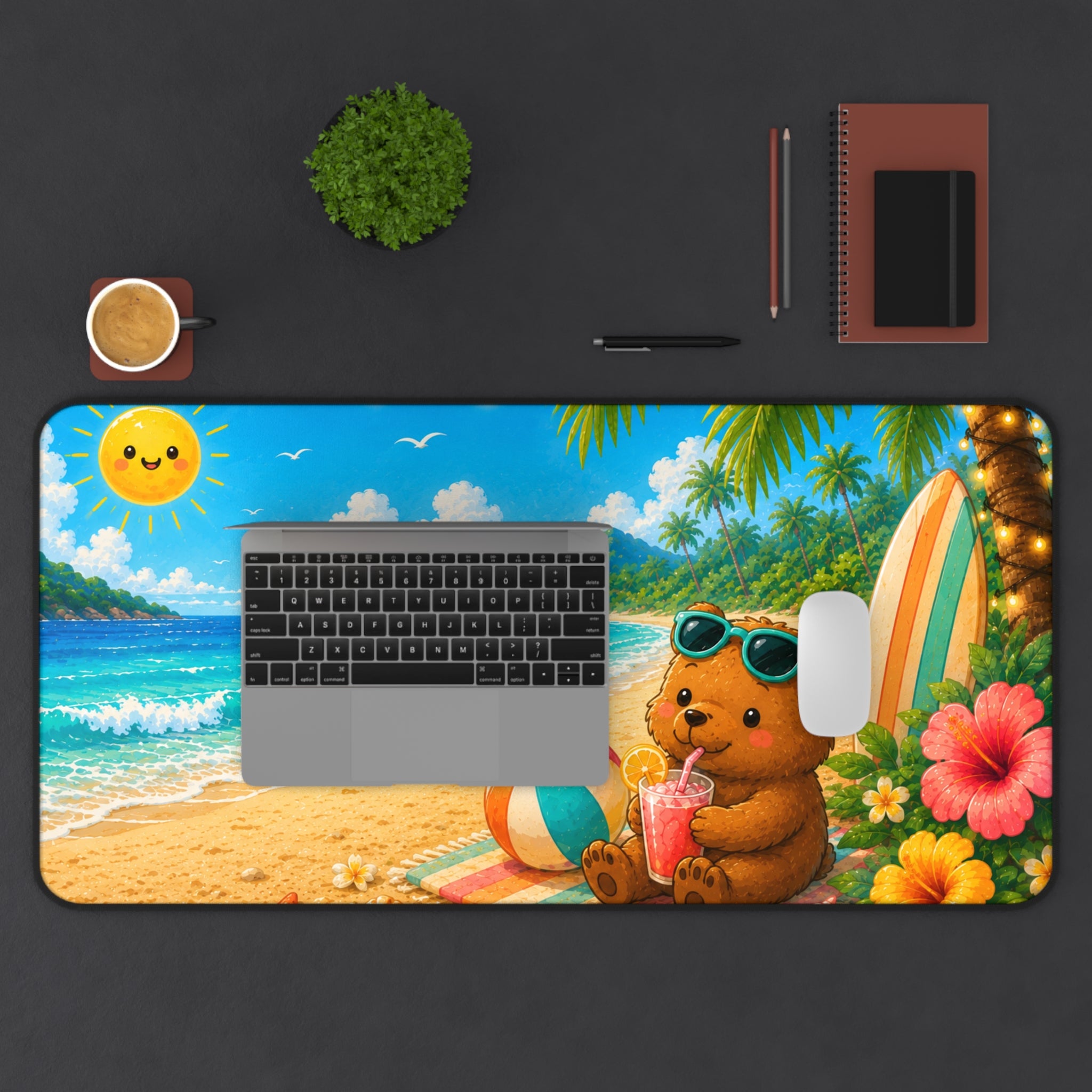 Desk Mat - Tropical Beach Bear Desk Mat with Sunglasses, Surfboard & Refreshing Drink (Cute Summer Office/PC Mouse Pad)