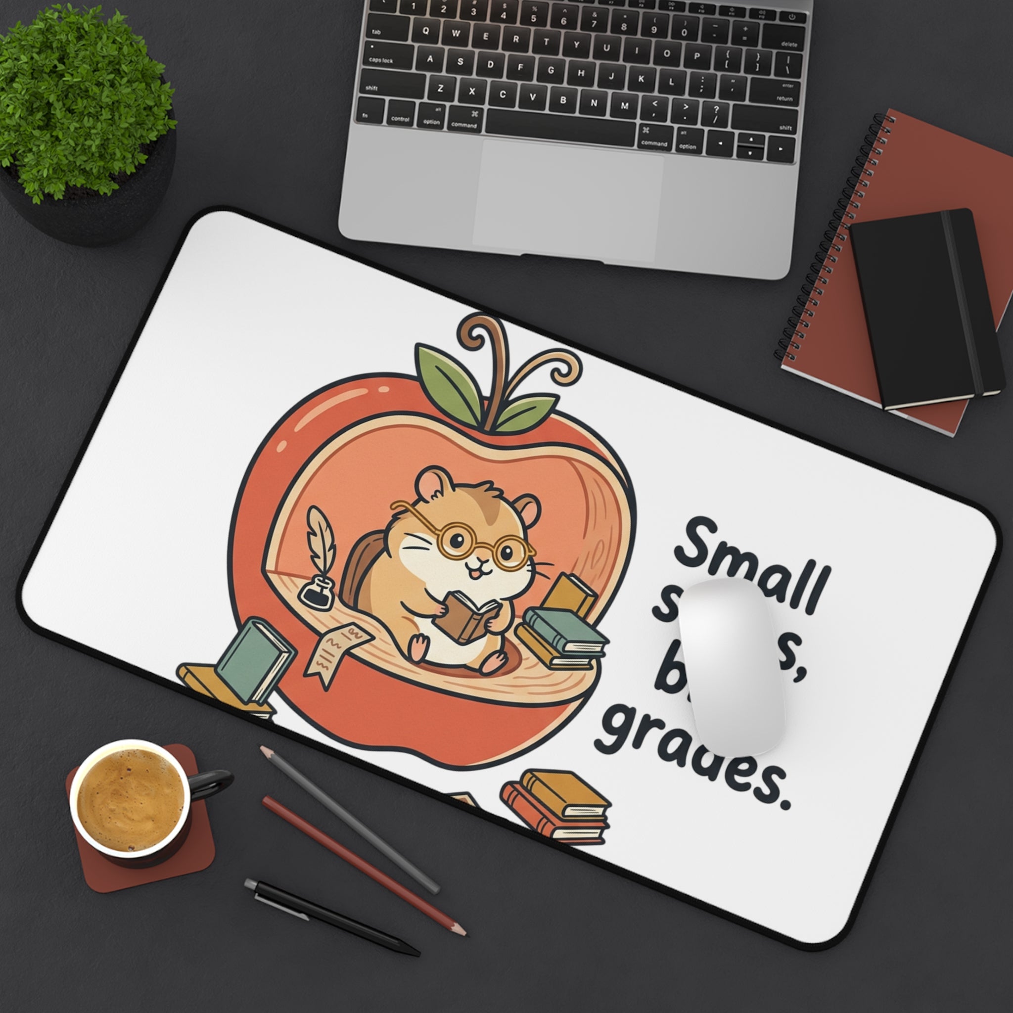 Study Desk Mat — "Small Steps, Big Grades" Cute Apple Hamster Study Mat