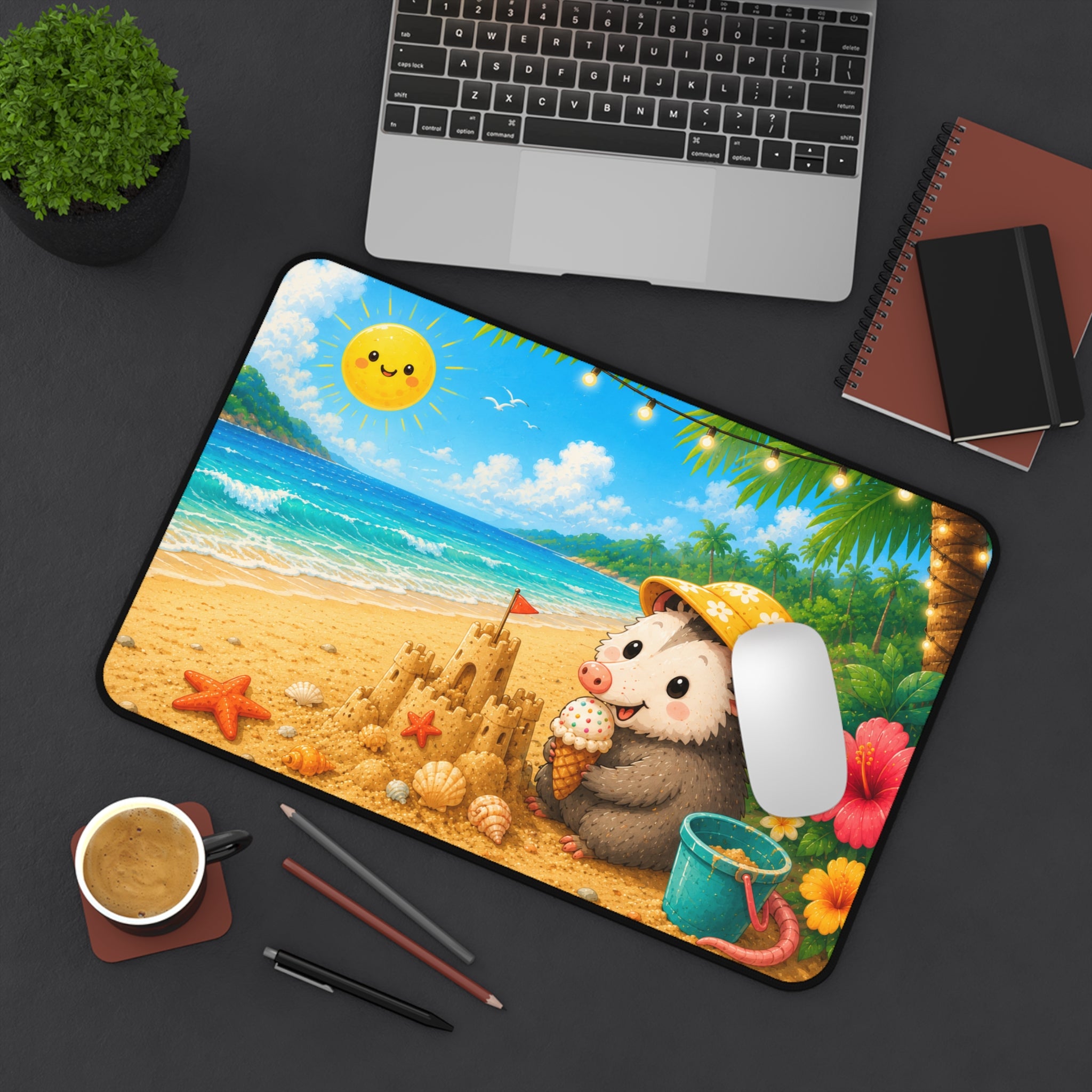 Cute Possum Beach Desk Mat — Summer Sandcastle Mousepad with Ice Cream