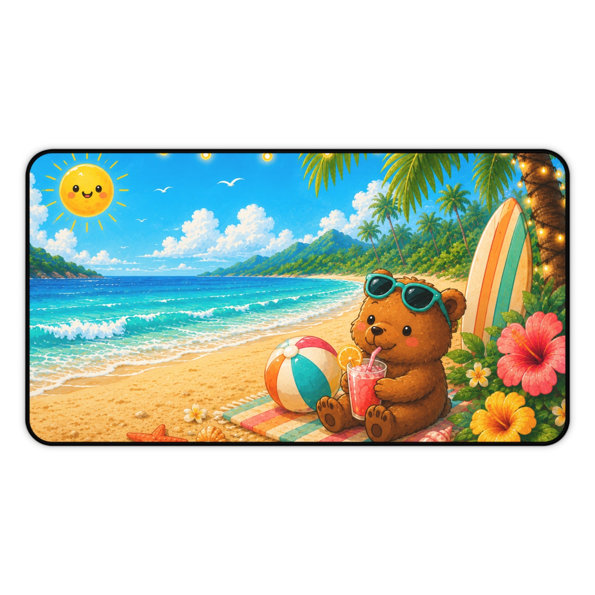 Desk Mat - Tropical Beach Bear Desk Mat with Sunglasses, Surfboard & Refreshing Drink (Cute Summer Office/PC Mouse Pad)
