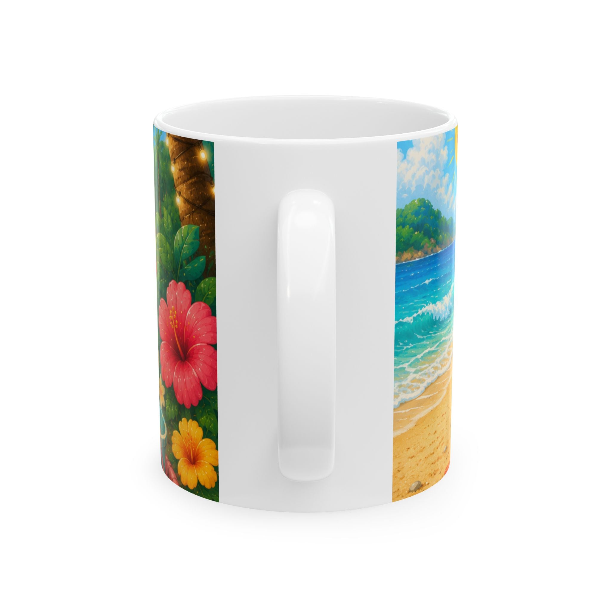 Beach Pals Ceramic Mug — Cute Possum with Ice Cream on Tropical Sandcastle Scene (11oz)