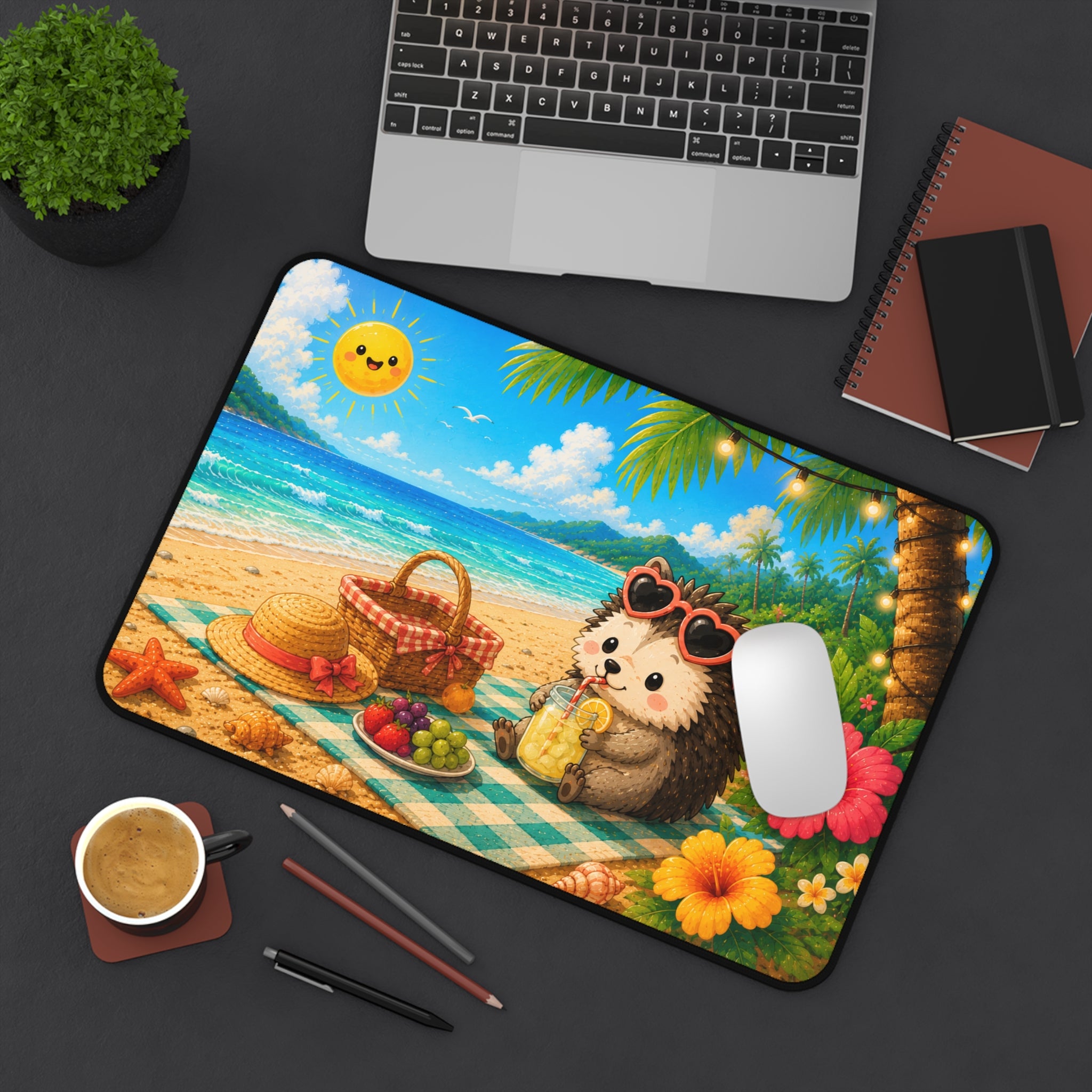Beach Picnic Hedgehog Desk Mat — Cute Summer Mousepad for Office & Gaming