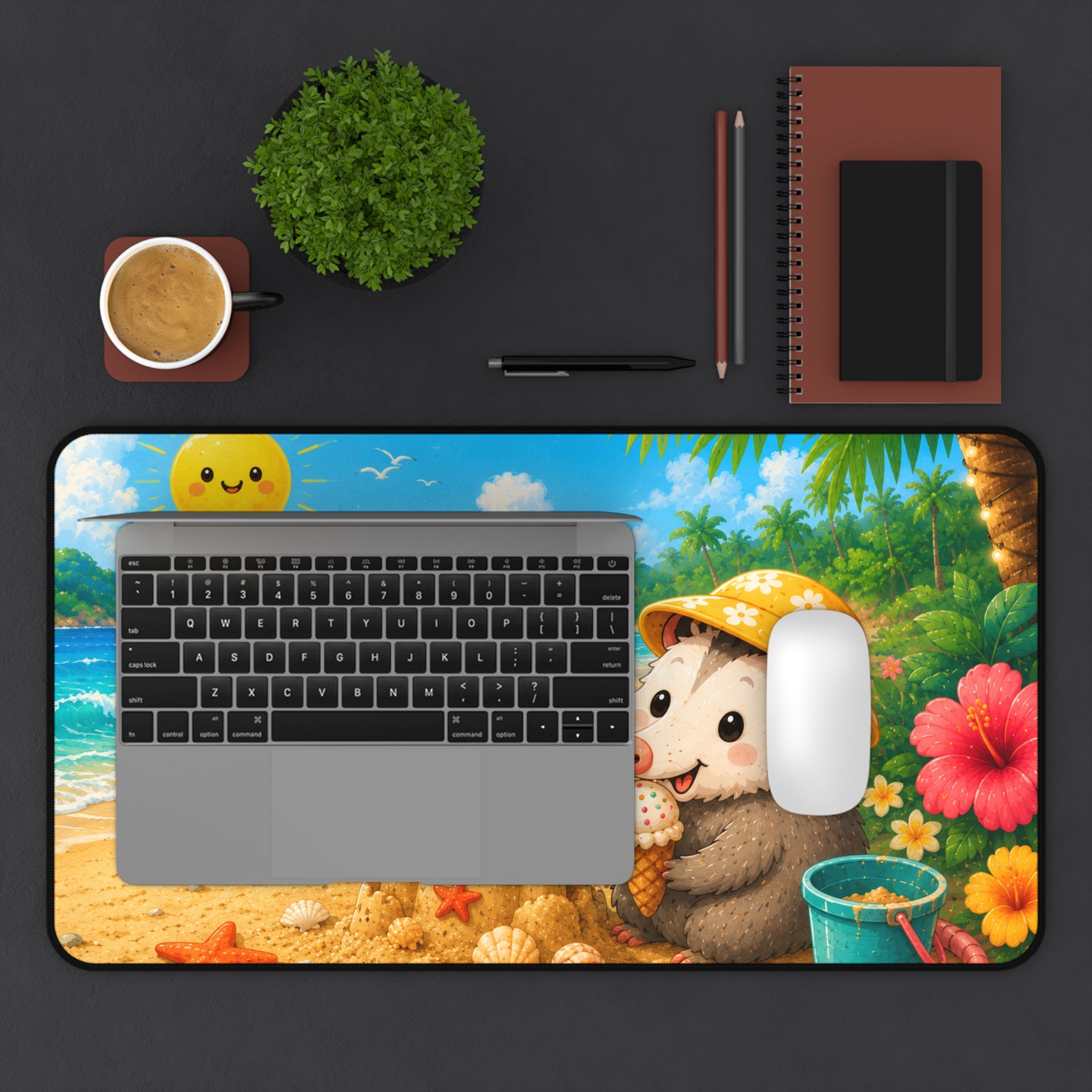 Cute Possum Beach Desk Mat — Summer Sandcastle Mousepad with Ice Cream