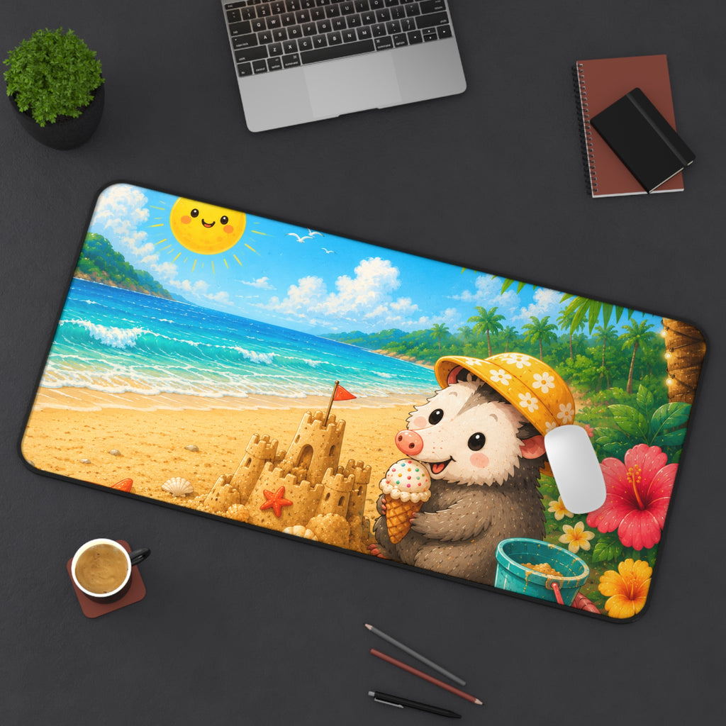 Cute Possum Beach Desk Mat — Summer Sandcastle Mousepad with Ice Cream