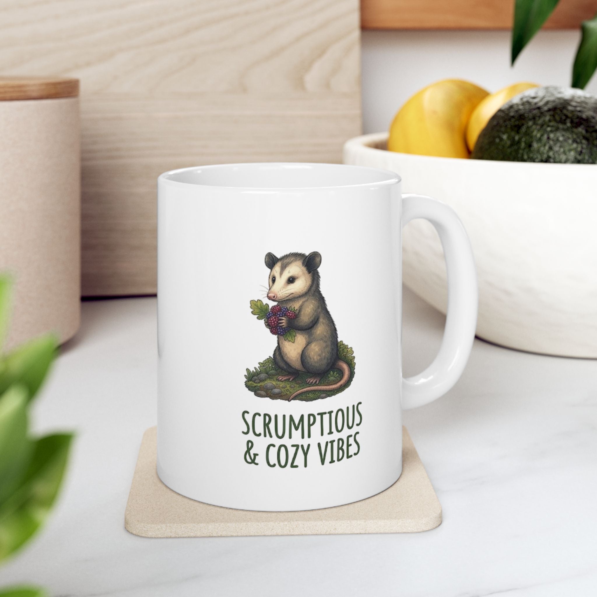 "Scrumptious & Cozy Vibes" Possum Coffee Cup (11oz)