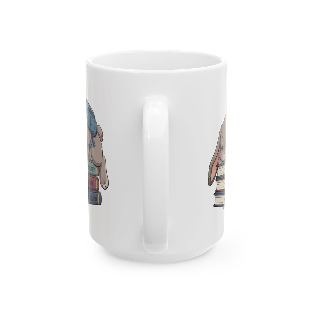 Tired Bunny on Textbooks Ceramic Mug — Sleepy Booklover Coffee Cup (11oz, 15oz)