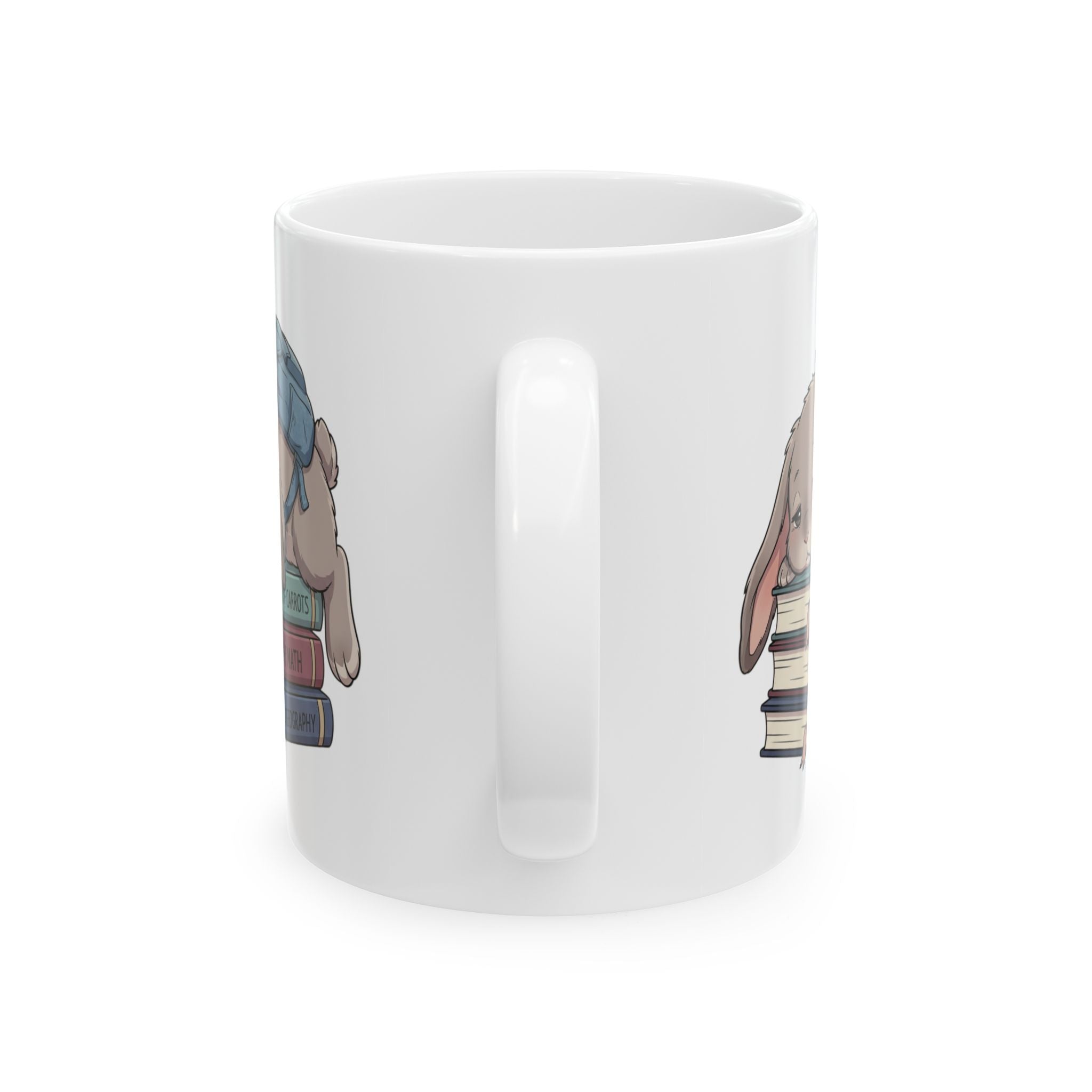 Tired Bunny on Textbooks Ceramic Mug — Sleepy Booklover Coffee Cup (11oz, 15oz)