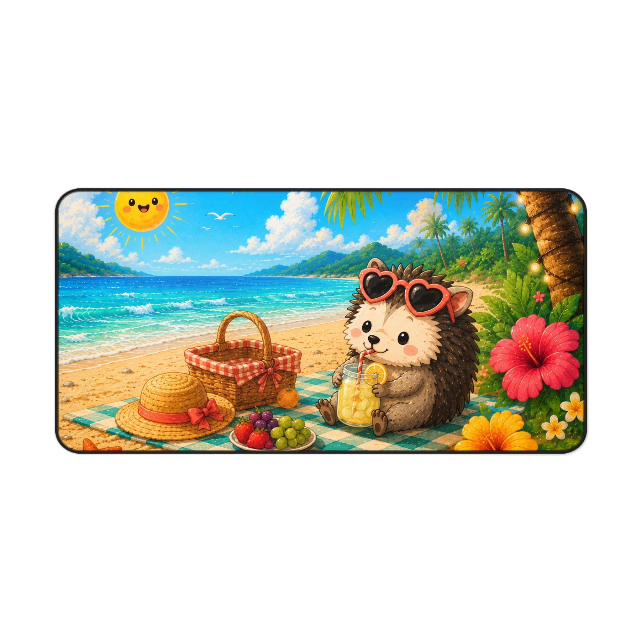 Beach Picnic Hedgehog Desk Mat — Cute Summer Mousepad for Office & Gaming