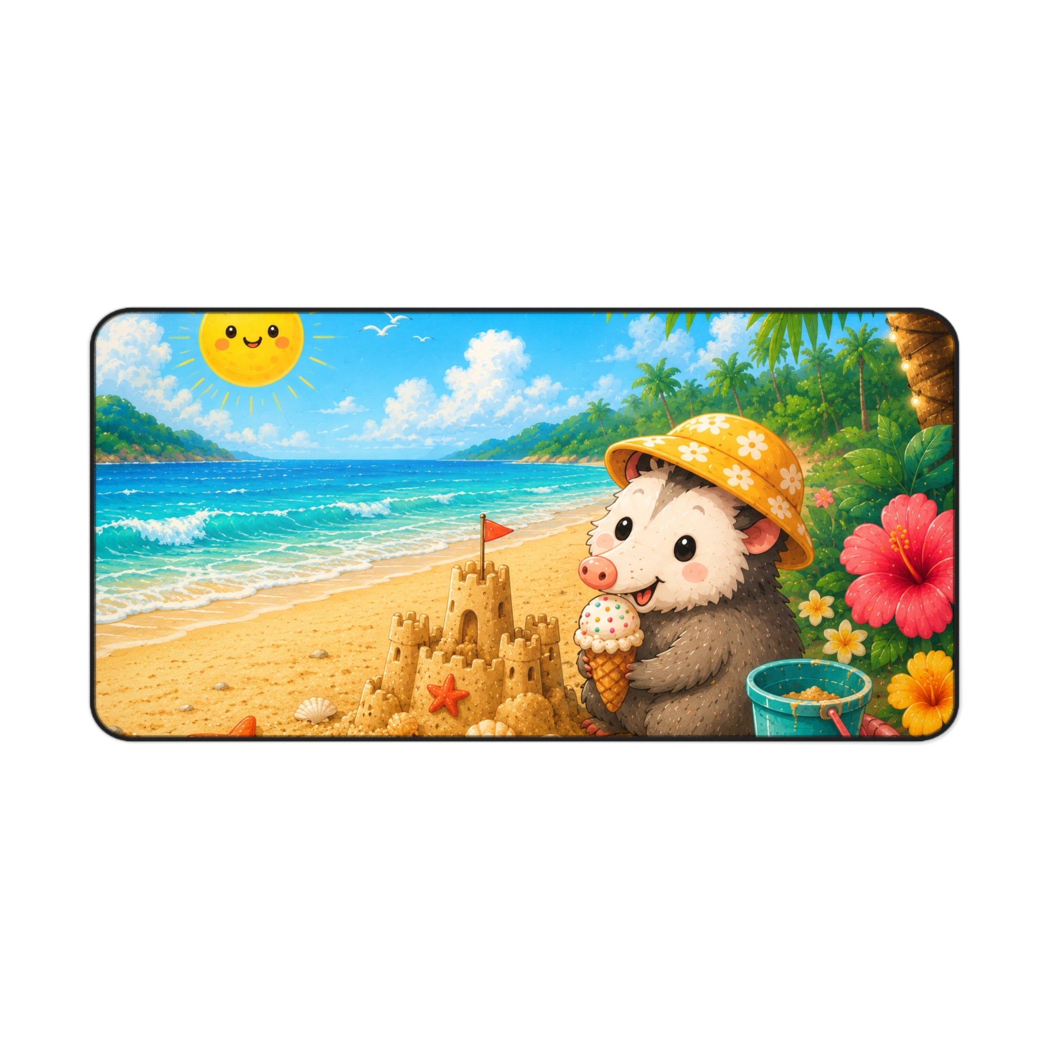 Cute Possum Beach Desk Mat — Summer Sandcastle Mousepad with Ice Cream