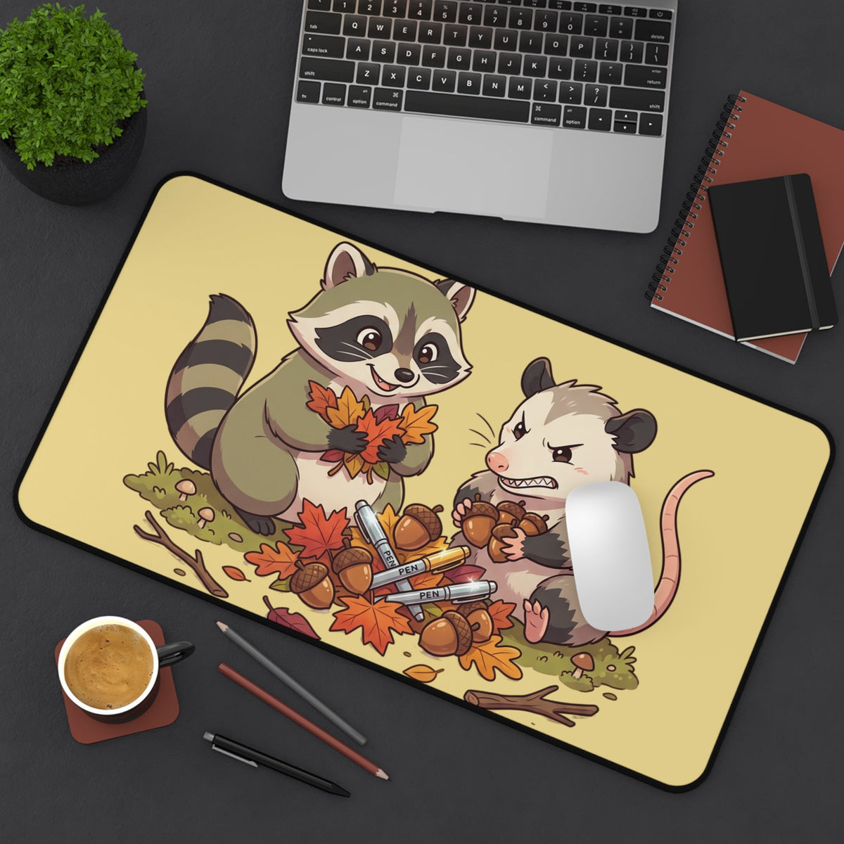 Autumn Friends Desk Mat – Cute Raccoon & Opossum Fall Mousepad - Home Decor
