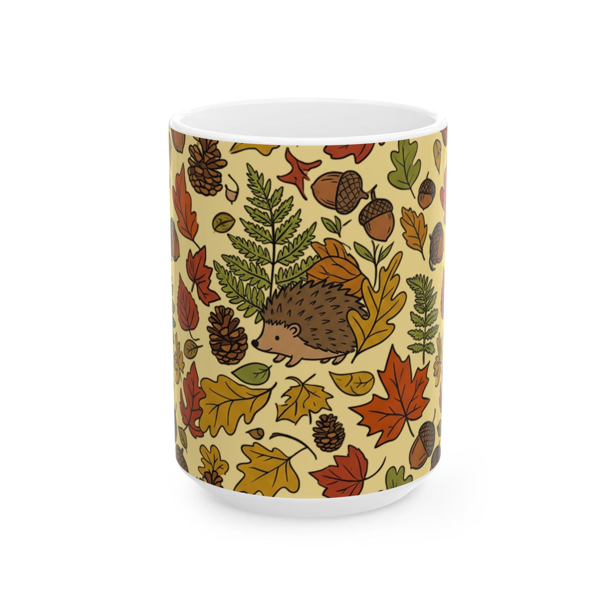 Autumn Hedgehog Ceramic Mug, Cute Fall Leaves & Acorns Coffee Cup (11oz/15oz) - 15oz - Mug