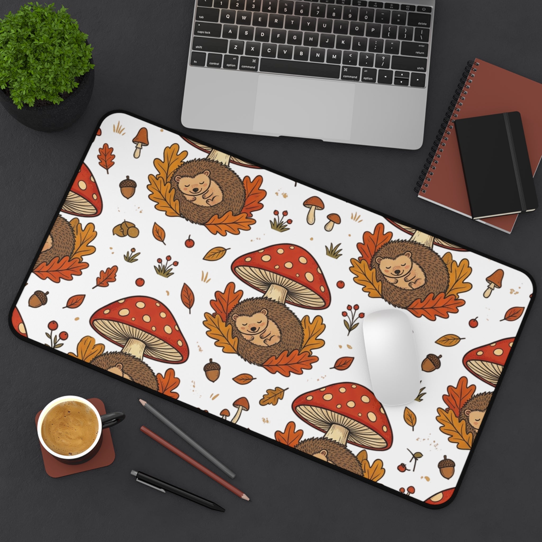 Autumn Mushroom Hedgehog Desk Mat, Cute Fall Woodland Mouse Pattern - Home Decor