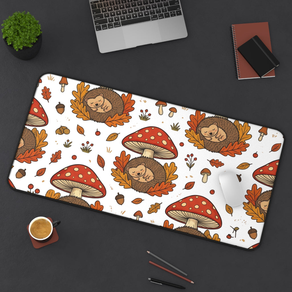 Autumn Mushroom Hedgehog Desk Mat, Cute Fall Woodland Mouse Pattern - Home Decor