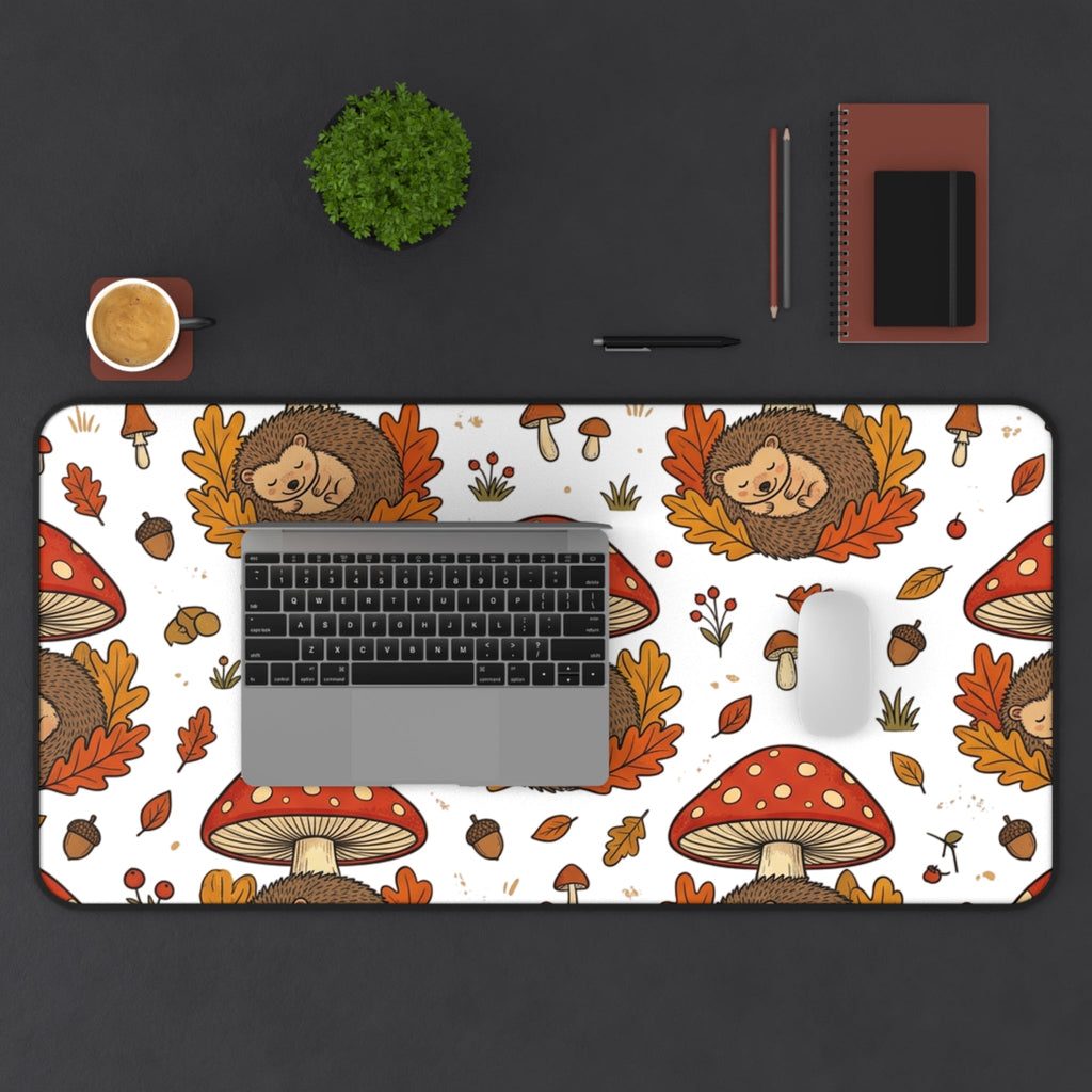 Autumn Mushroom Hedgehog Desk Mat, Cute Fall Woodland Mouse Pattern - Home Decor