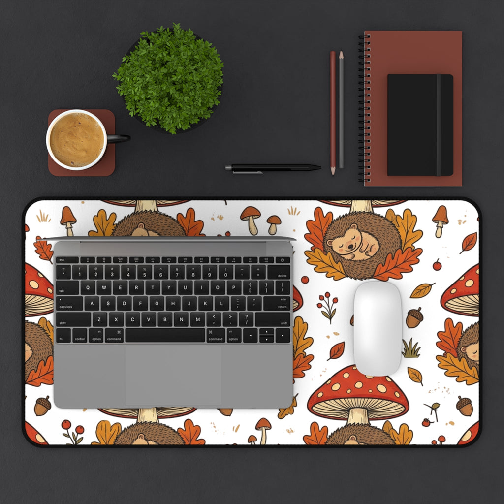 Autumn Mushroom Hedgehog Desk Mat, Cute Fall Woodland Mouse Pattern - Home Decor