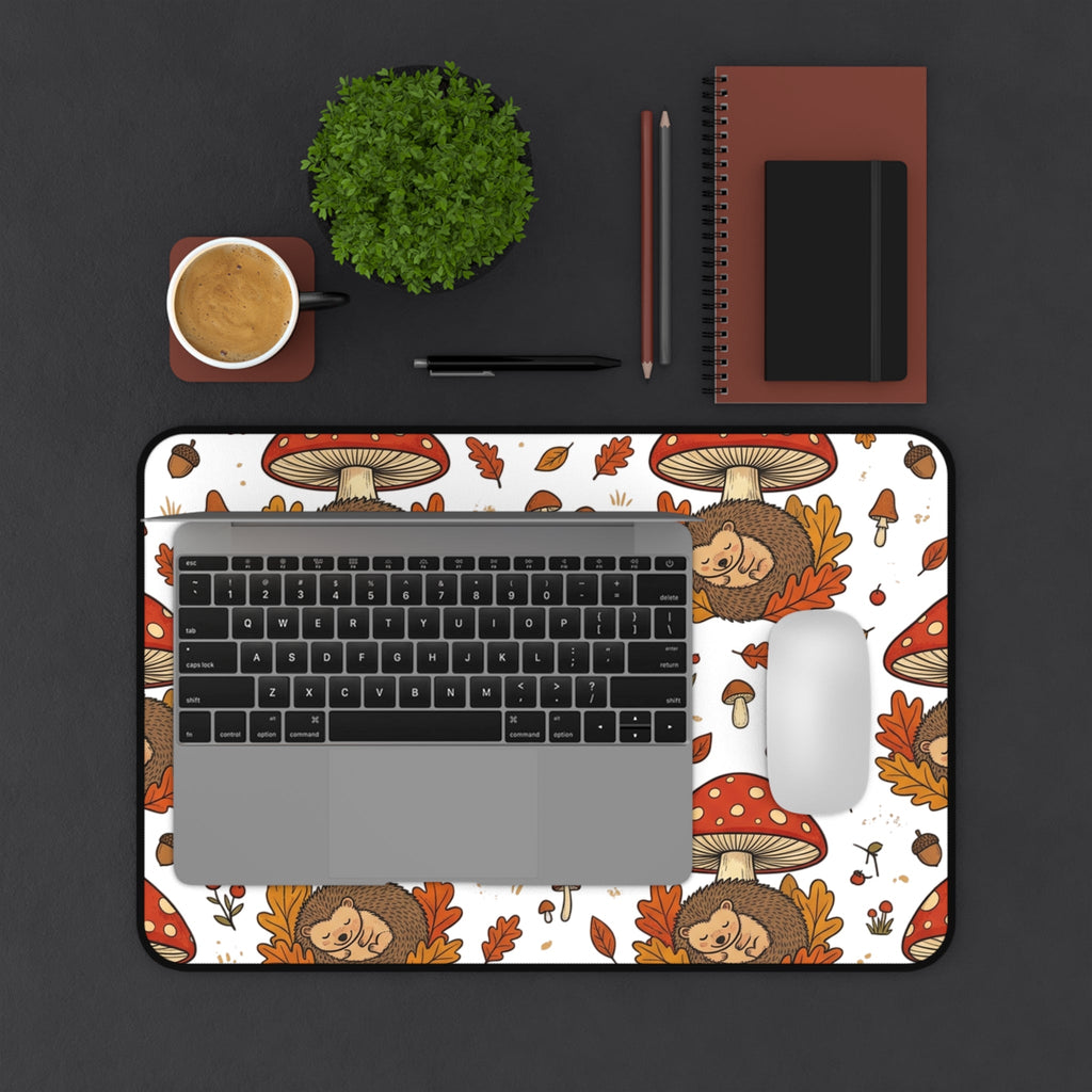 Autumn Mushroom Hedgehog Desk Mat, Cute Fall Woodland Mouse Pattern - Home Decor