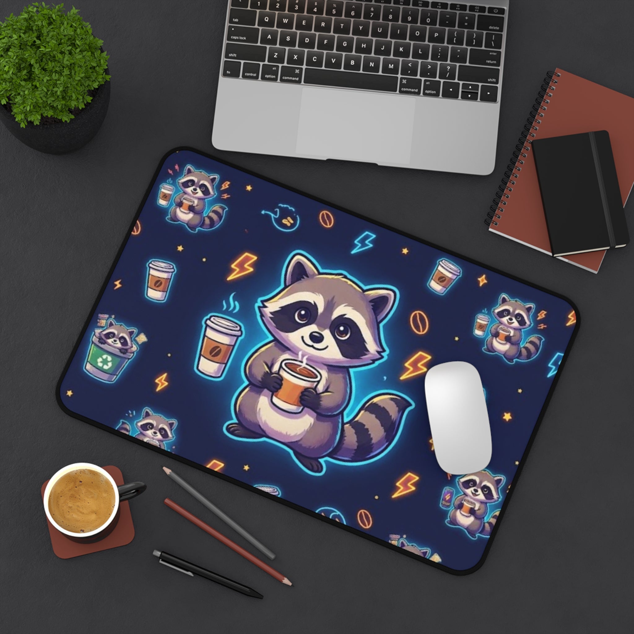 Cute Coffee Raccoon Desk Mat - 12’’ × 18’’ - Home Decor