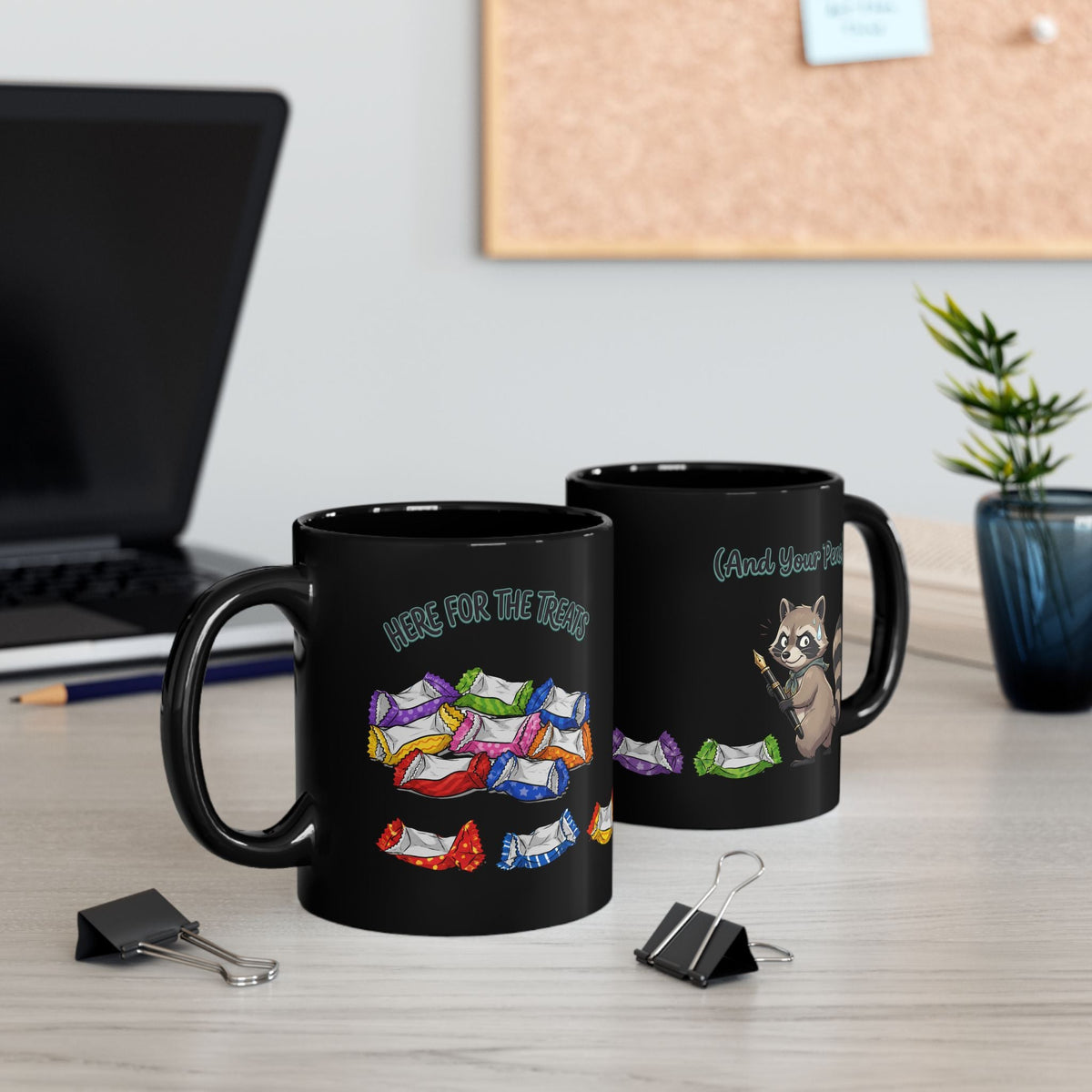 Cute Raccoon ’(And Your Pens)’ Coffee Tea Cup with Candy Border - 11oz - Mug